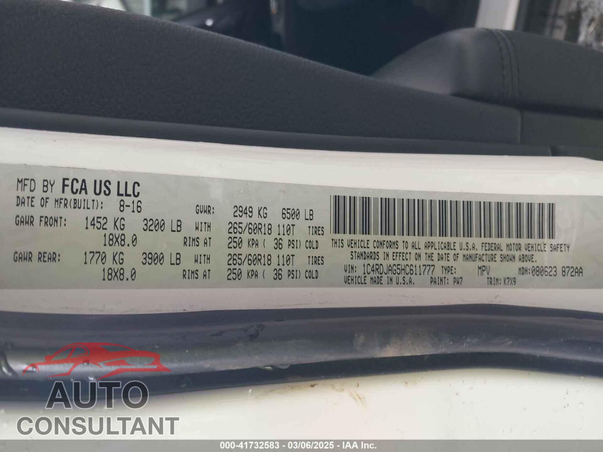 DODGE DURANGO 2017 - 1C4RDJAG5HC611777