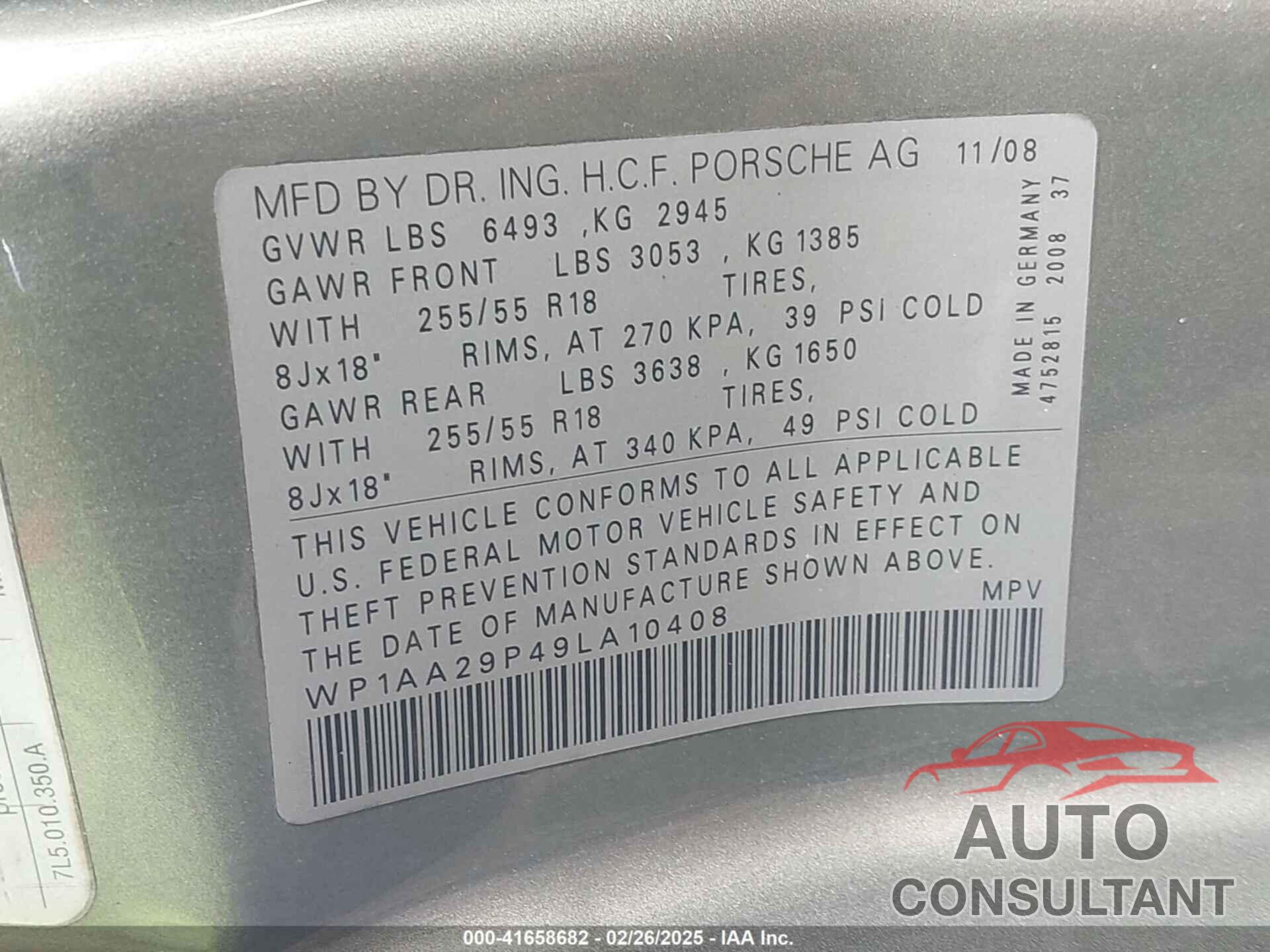 PORSCHE CAYENNE 2009 - WP1AA29P49LA10408