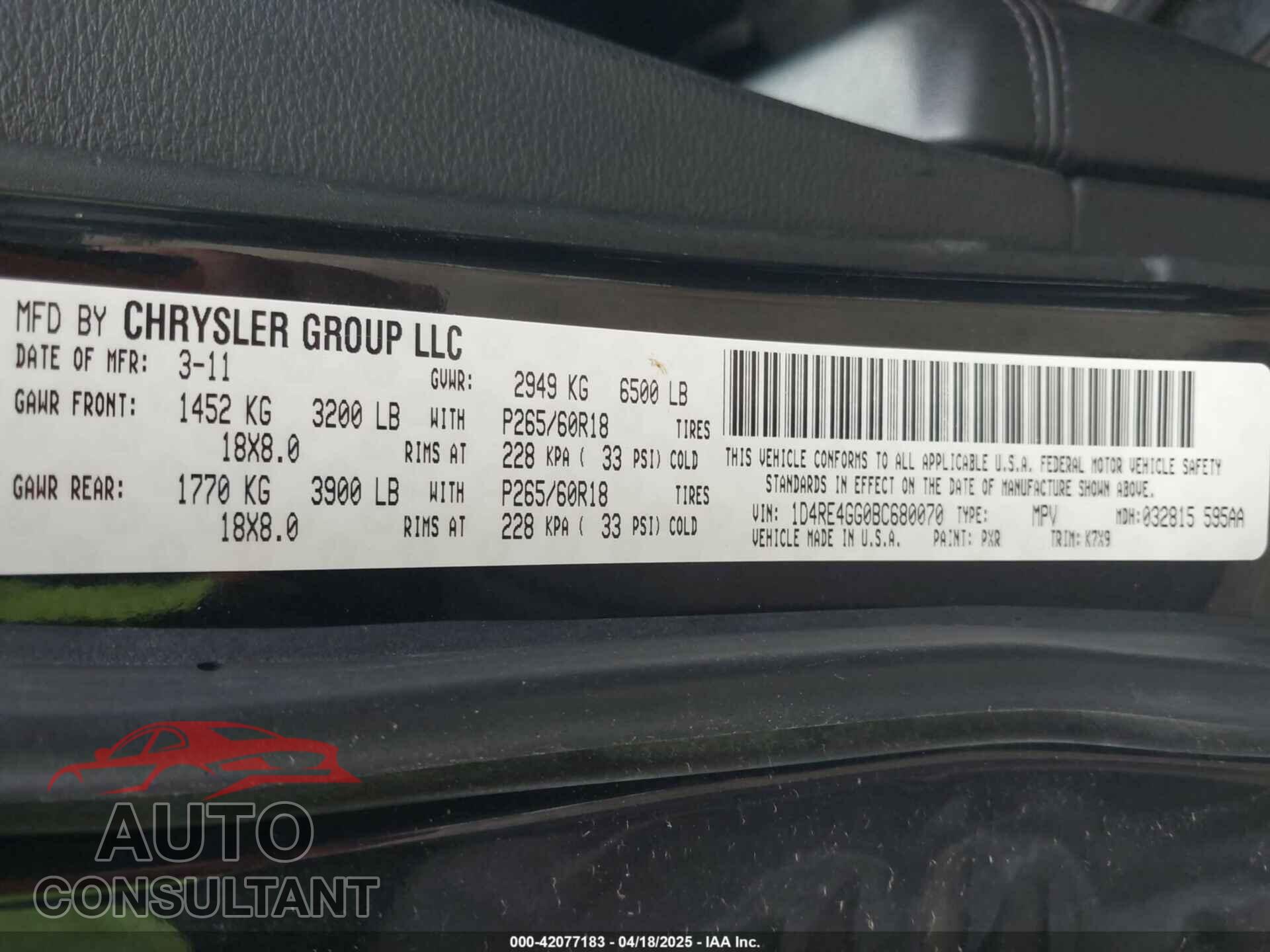 DODGE DURANGO 2011 - 1D4RE4GG0BC680070
