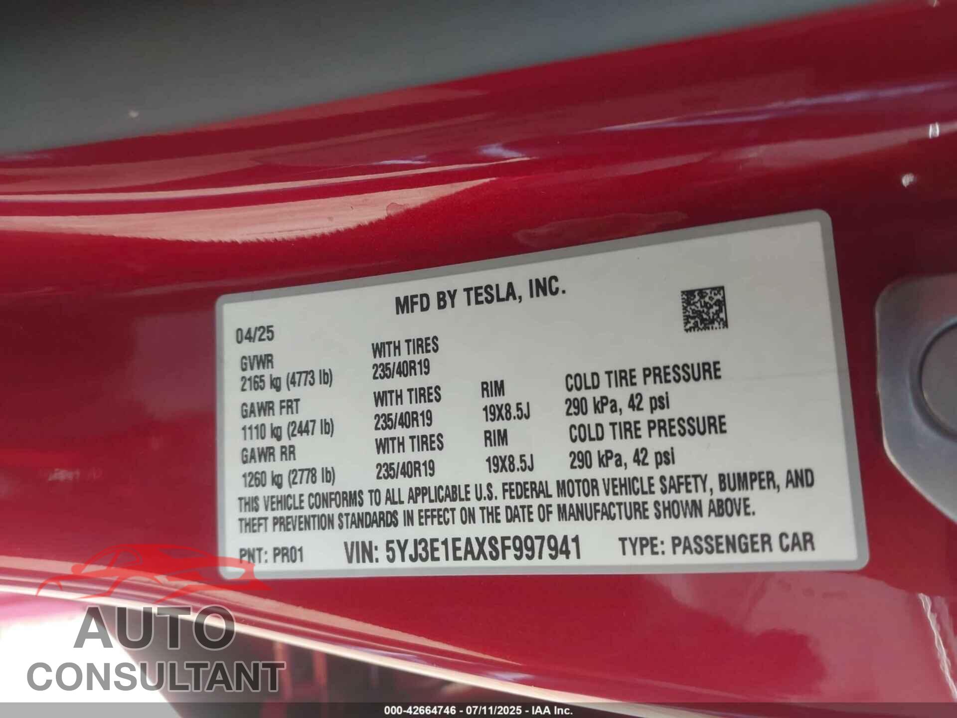 TESLA MODEL 3 2025 - 5YJ3E1EAXSF997941