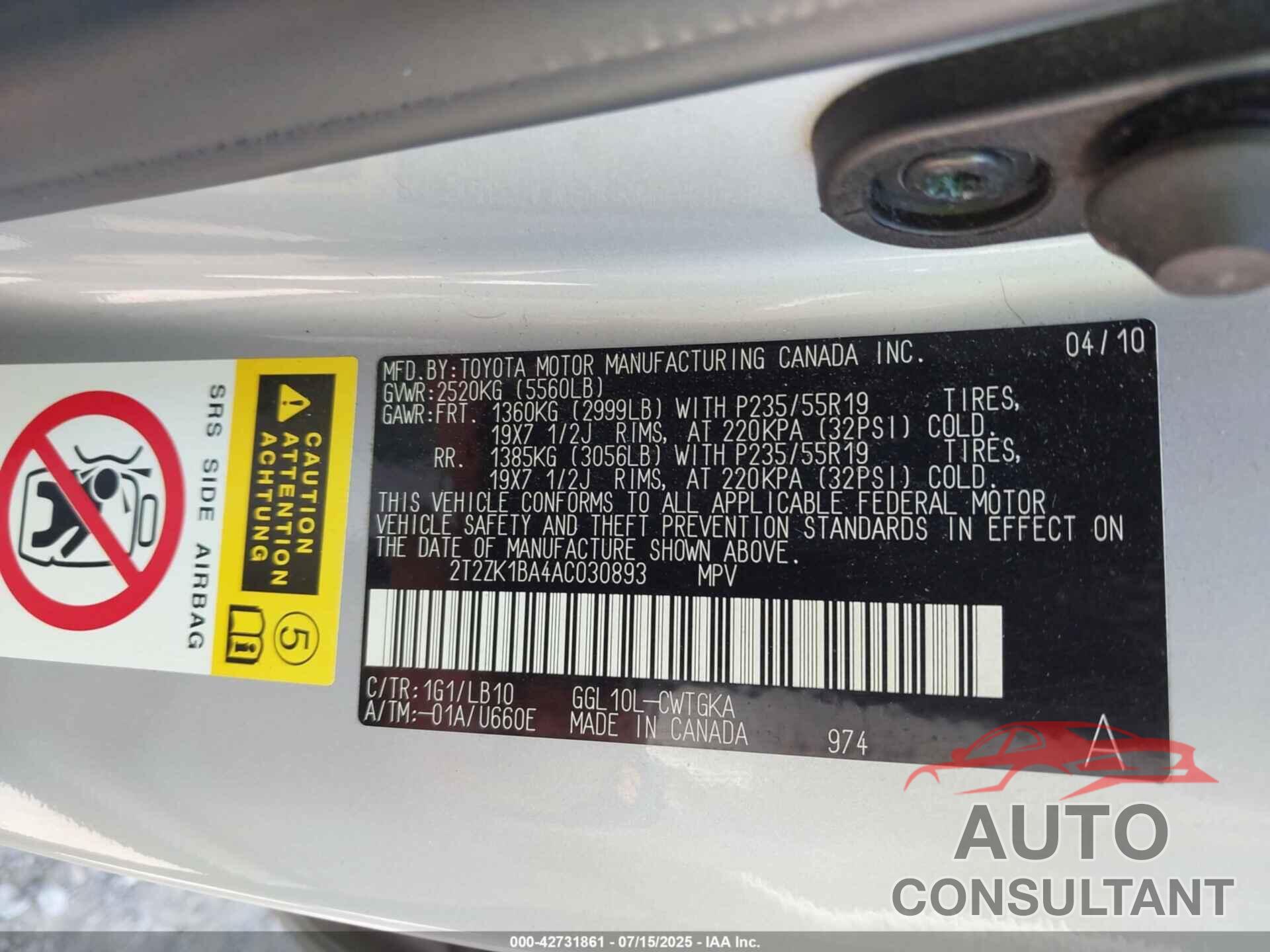 LEXUS RX 350 2010 - 2T2ZK1BA4AC030893