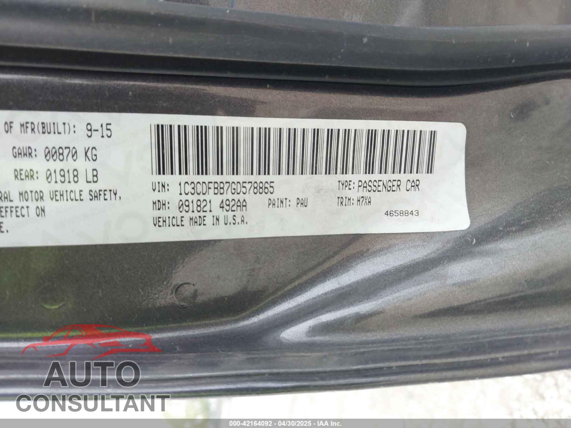 DODGE DART 2016 - 1C3CDFBB7GD578865