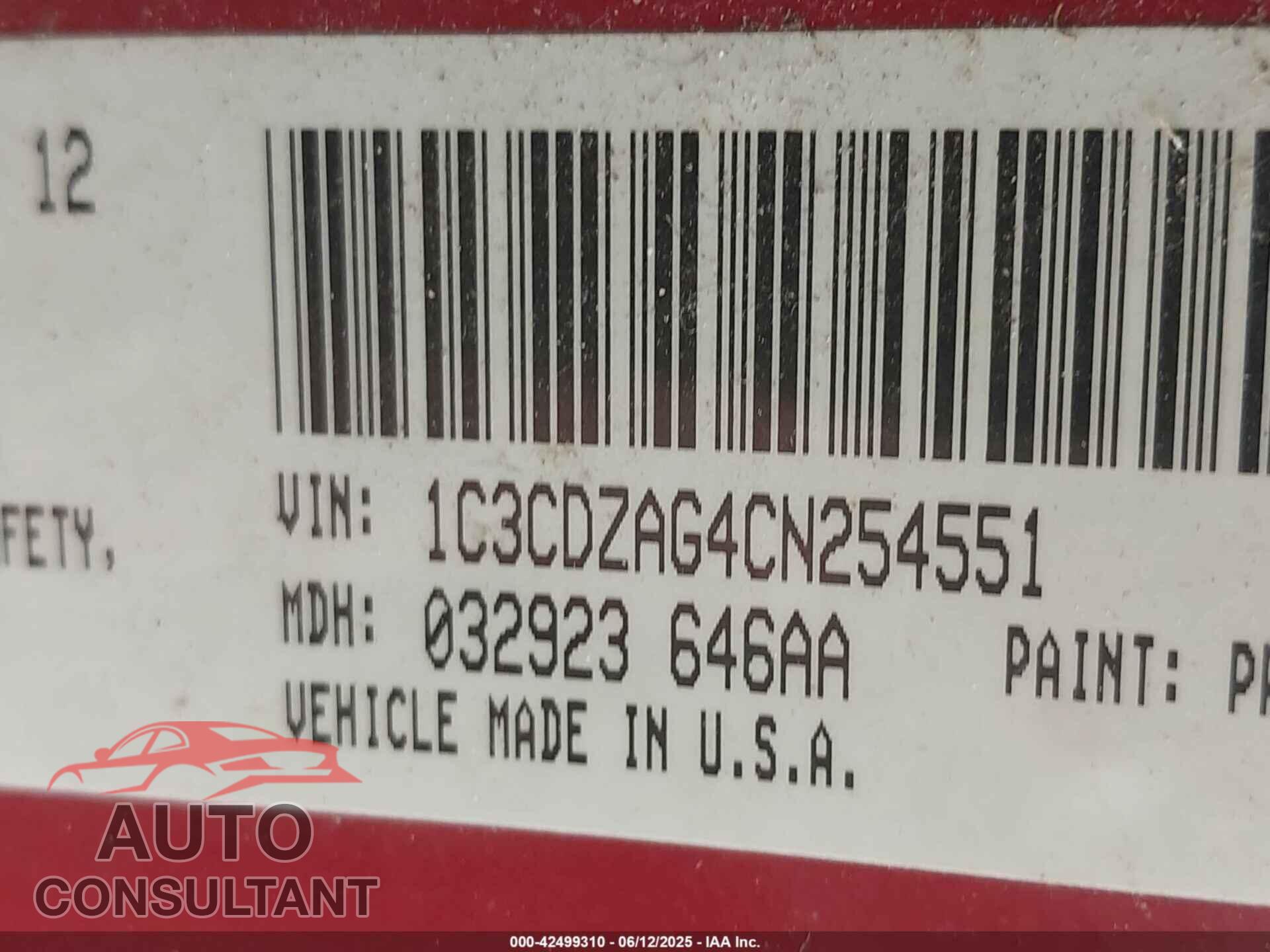 DODGE AVENGER 2012 - 1C3CDZAG4CN254551
