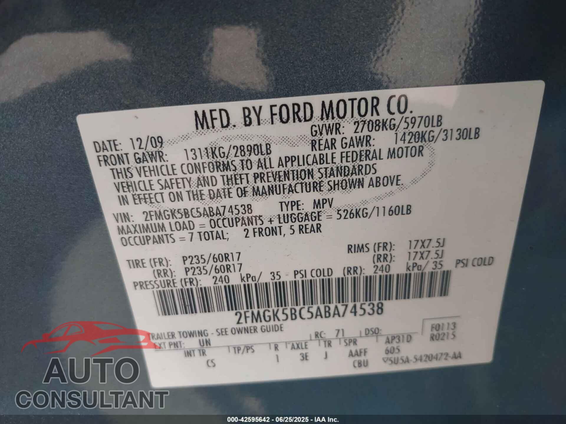 FORD FLEX 2010 - 2FMGK5BC5ABA74538
