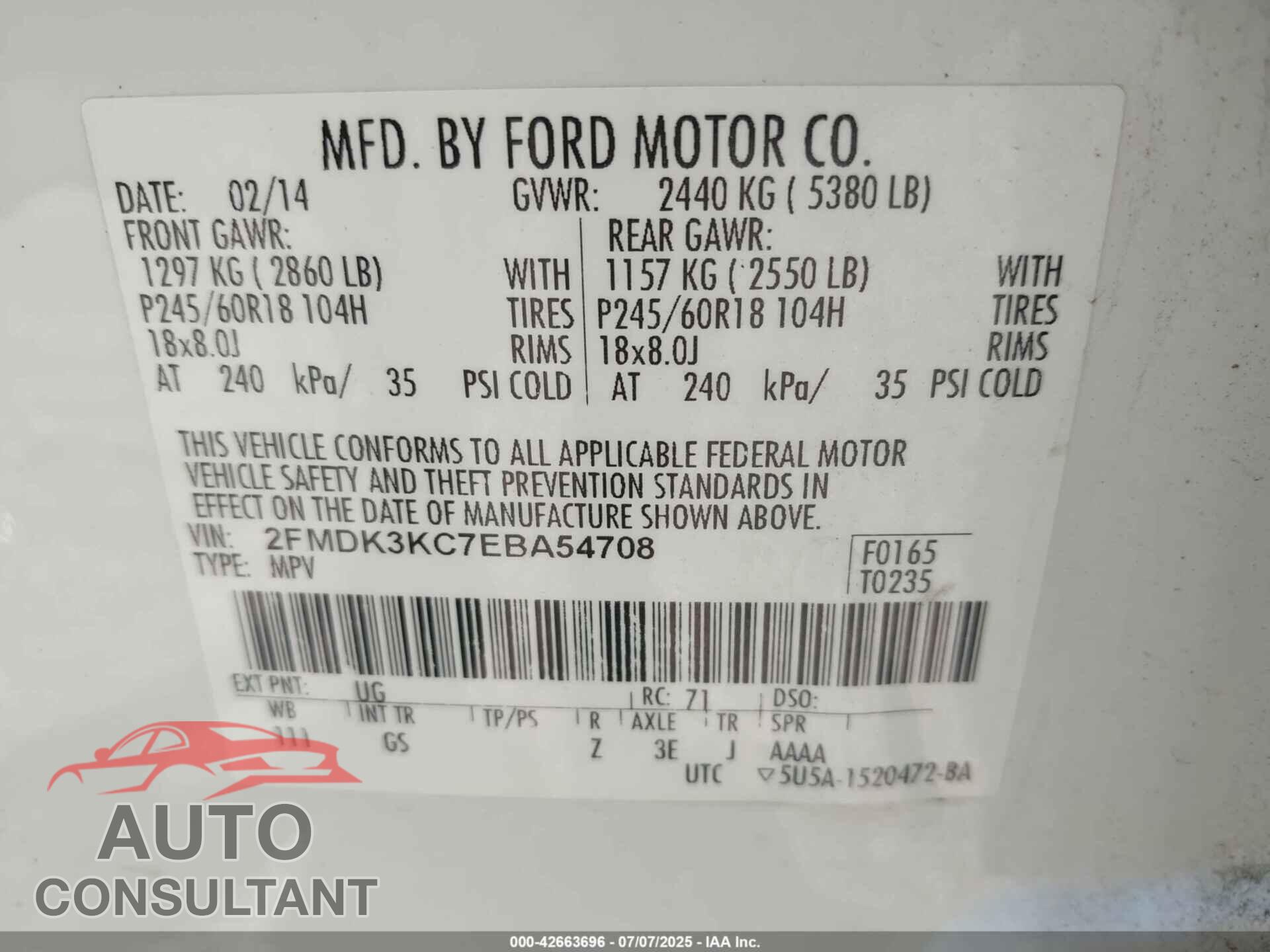 FORD EDGE 2014 - 2FMDK3KC7EBA54708