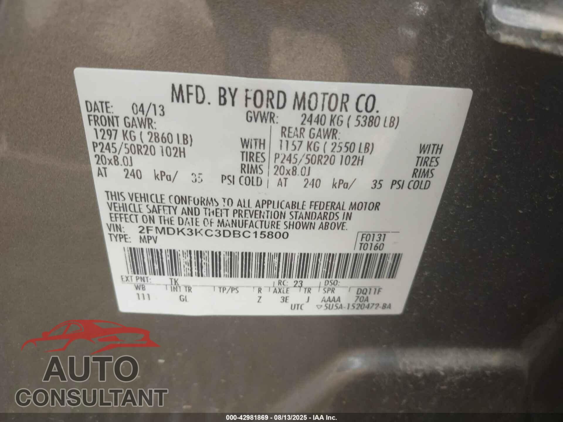 FORD EDGE 2013 - 2FMDK3KC3DBC15800