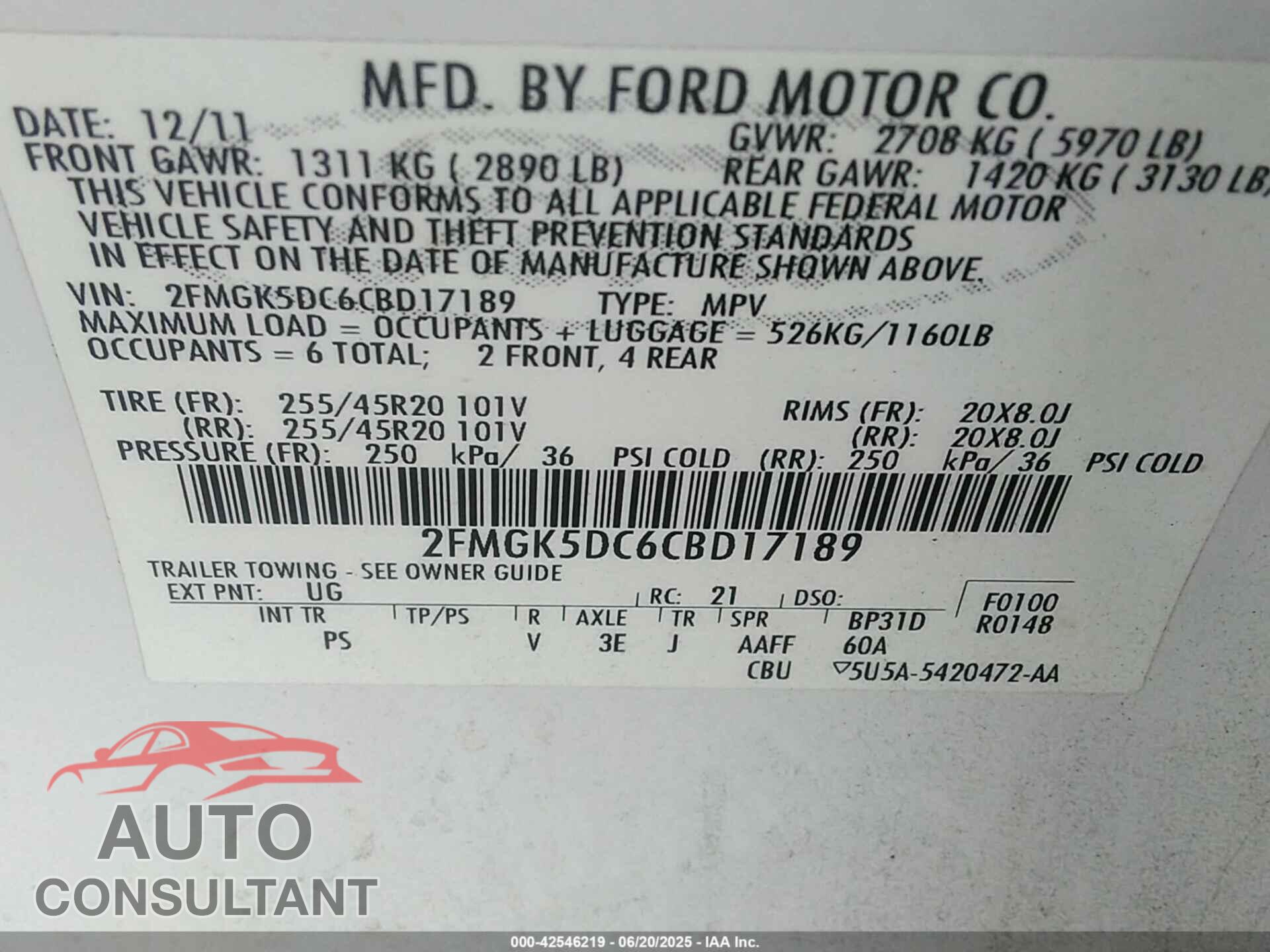 FORD FLEX 2012 - 2FMGK5DC6CBD17189