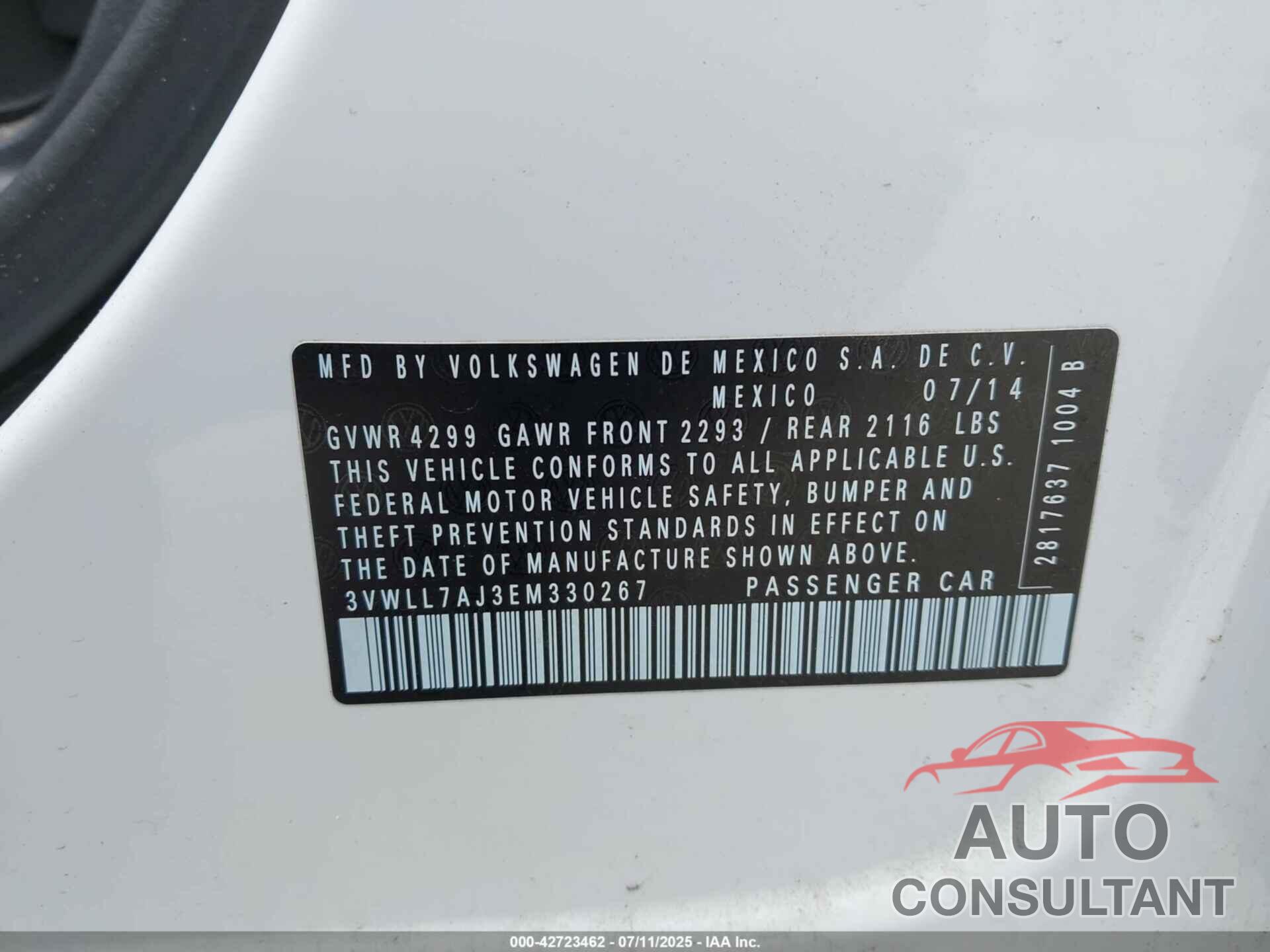 VOLKSWAGEN JETTA 2014 - 3VWLL7AJ3EM330267