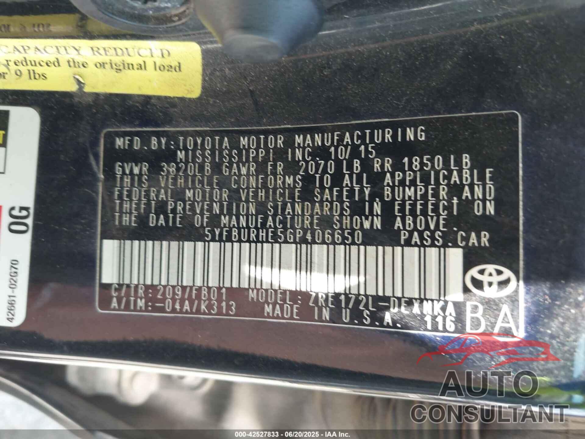 TOYOTA COROLLA 2016 - 5YFBURHE5GP406650