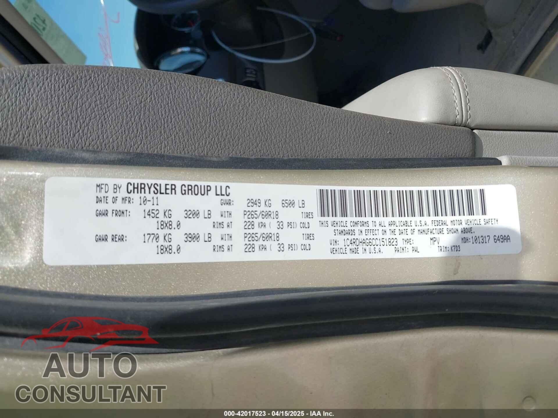 DODGE DURANGO 2012 - 1C4RDHAG6CC151823