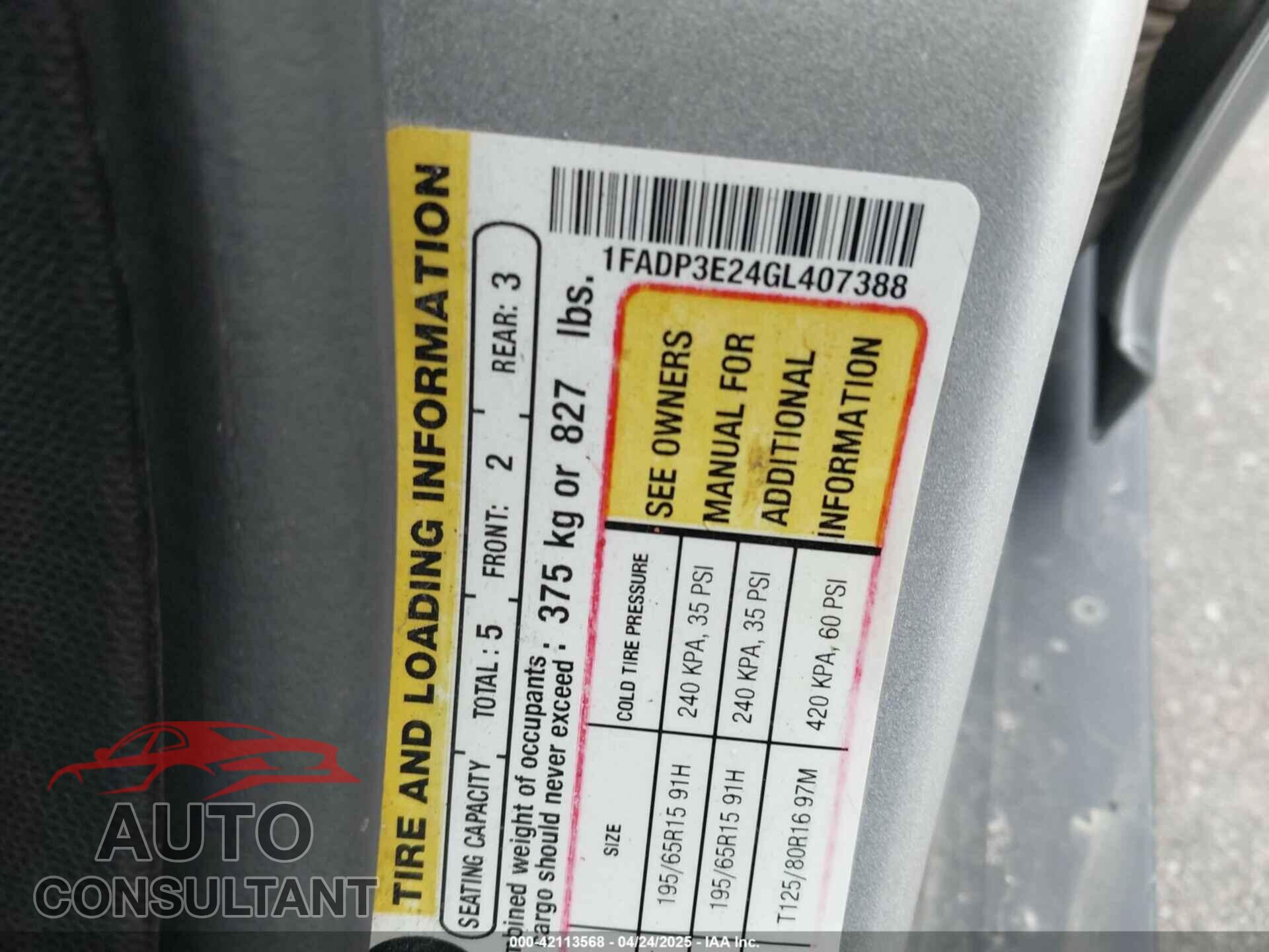 FORD FOCUS 2016 - 1FADP3E24GL407388