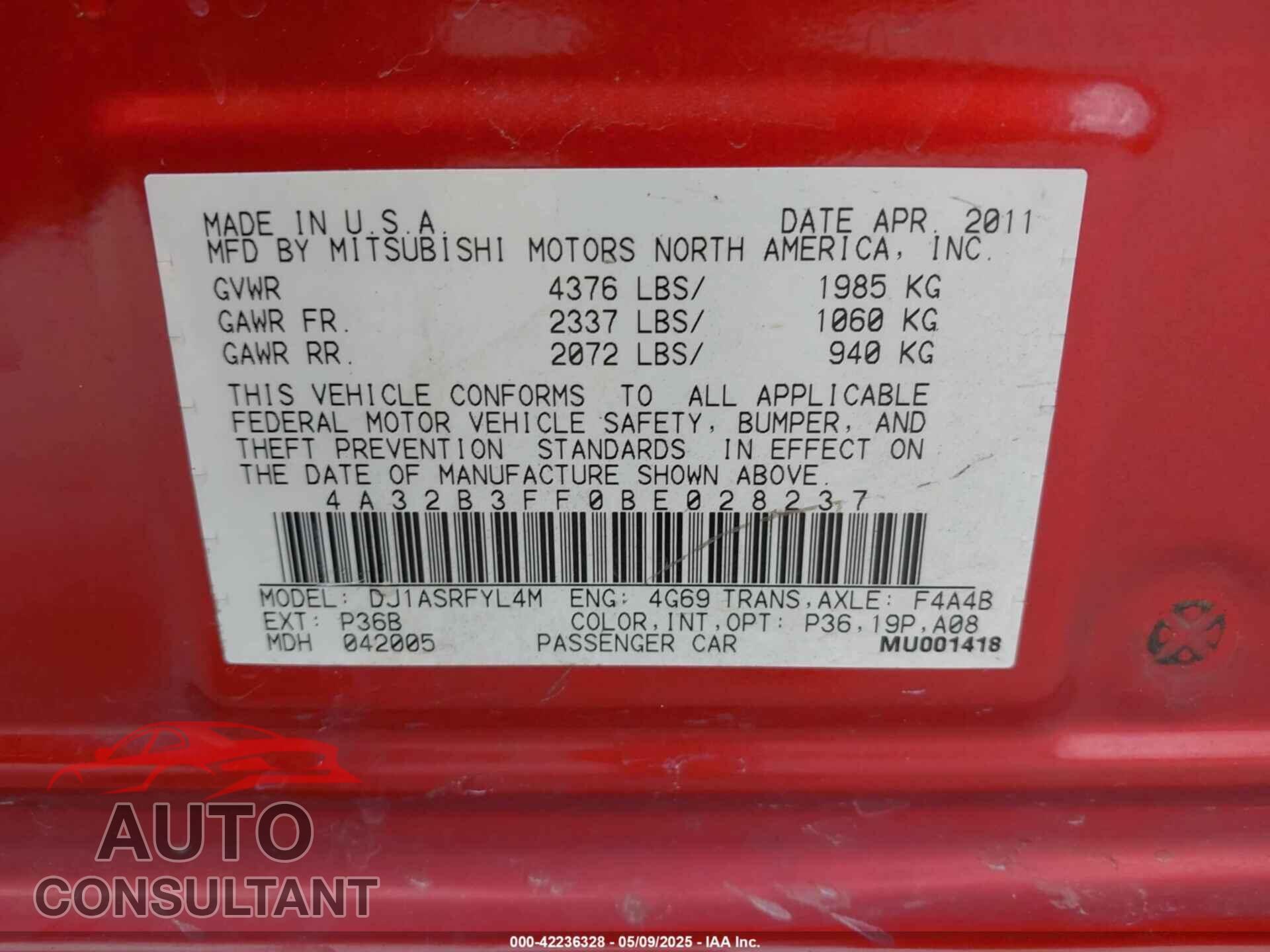 MITSUBISHI GALANT 2011 - 4A32B3FF0BE028237