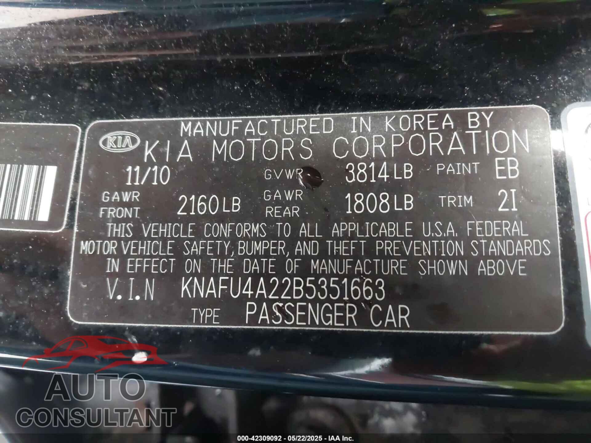 KIA FORTE 2011 - KNAFU4A22B5351663