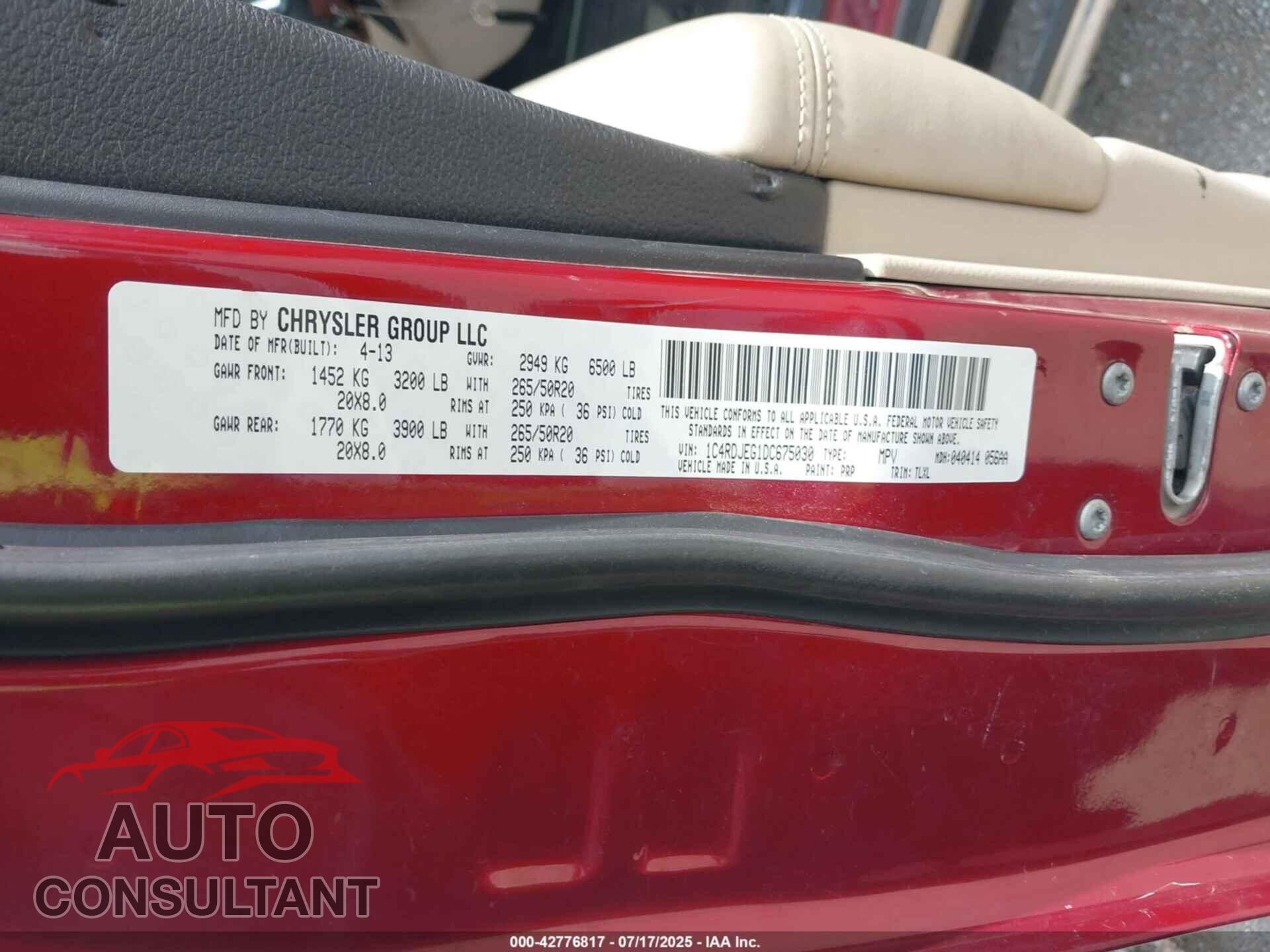 DODGE DURANGO 2013 - 1C4RDJEG1DC675030