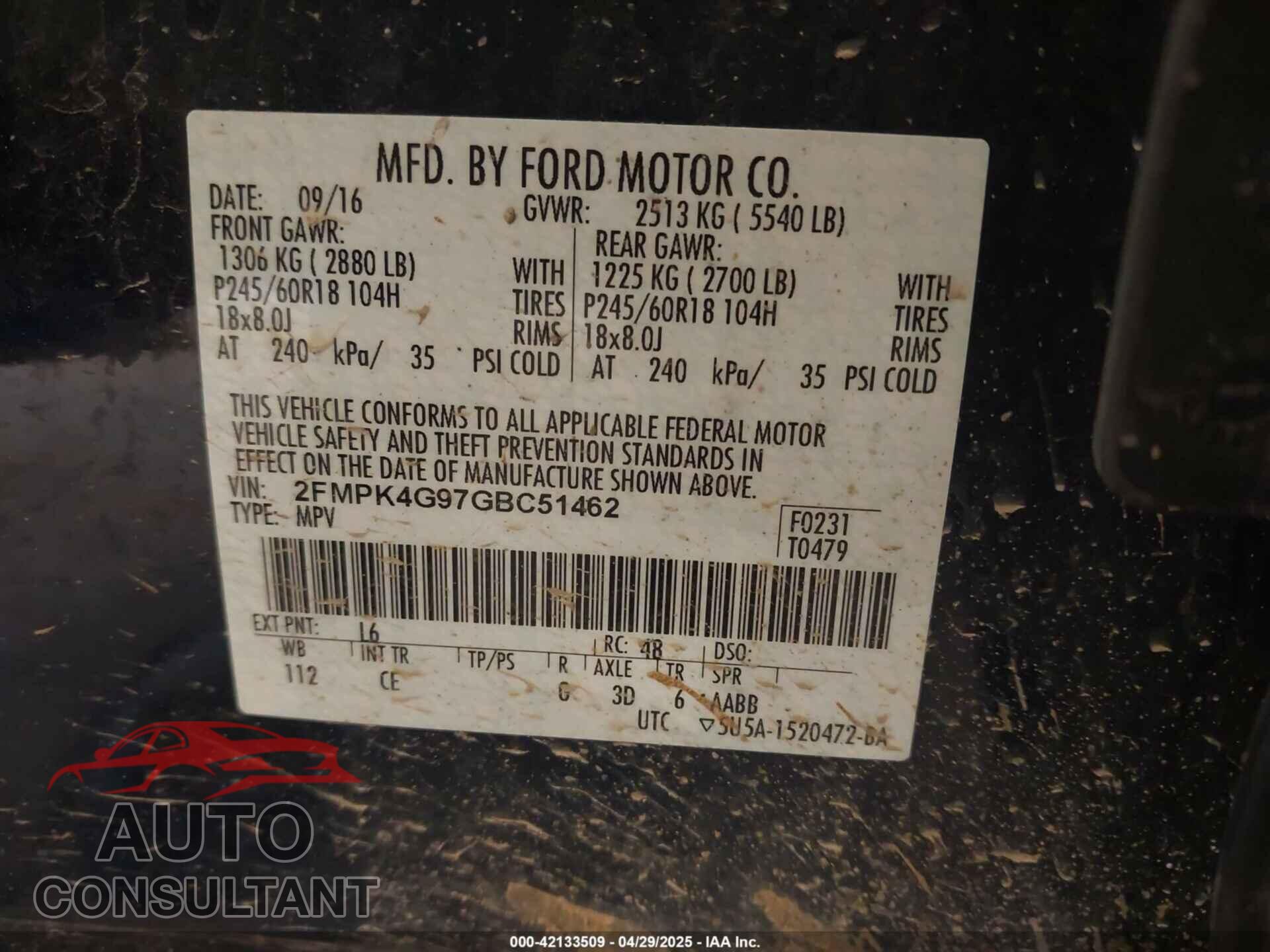 FORD EDGE 2016 - 2FMPK4G97GBC51462