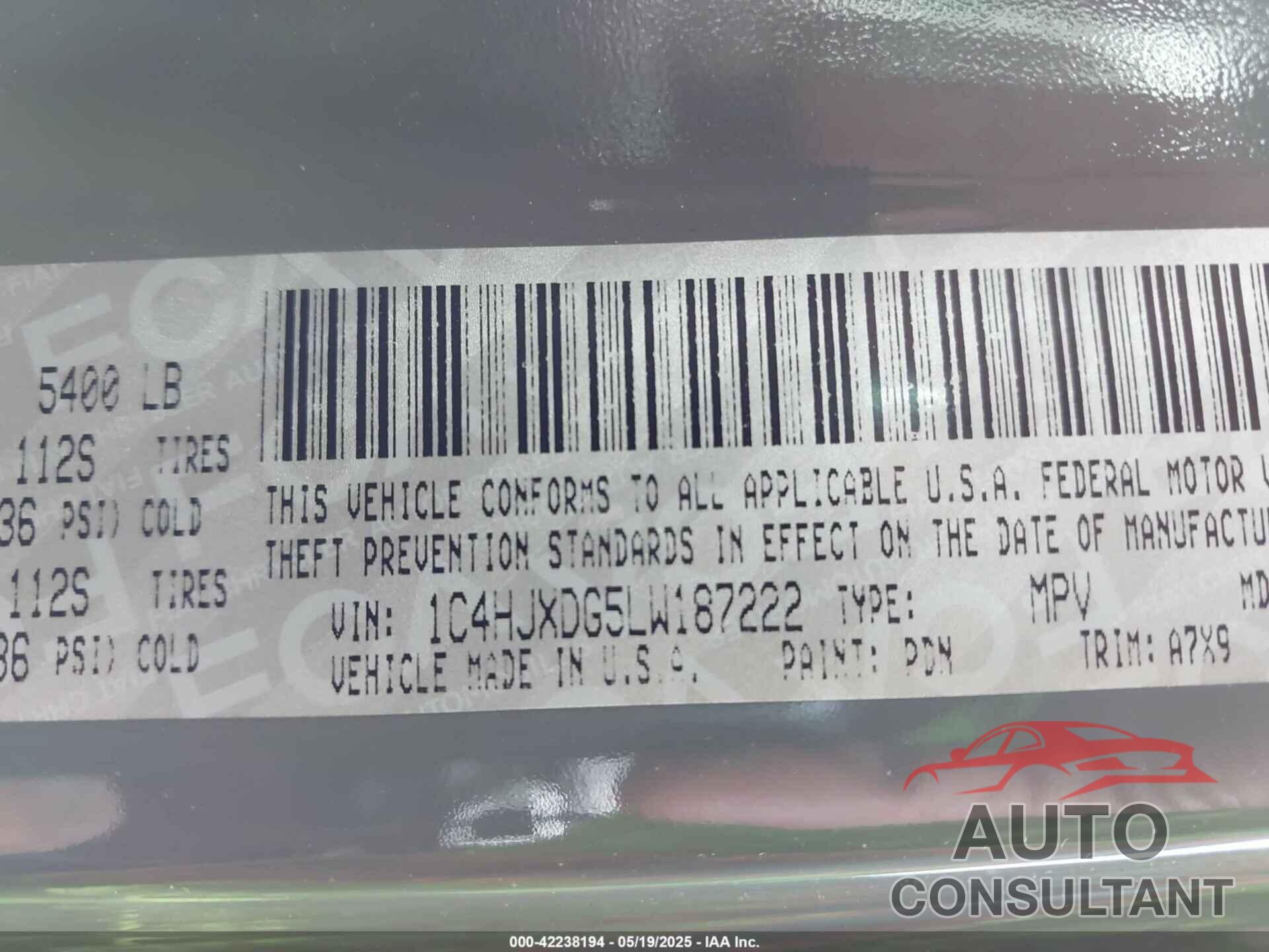 JEEP WRANGLER UNLIMITED 2020 - 1C4HJXDG5LW187222