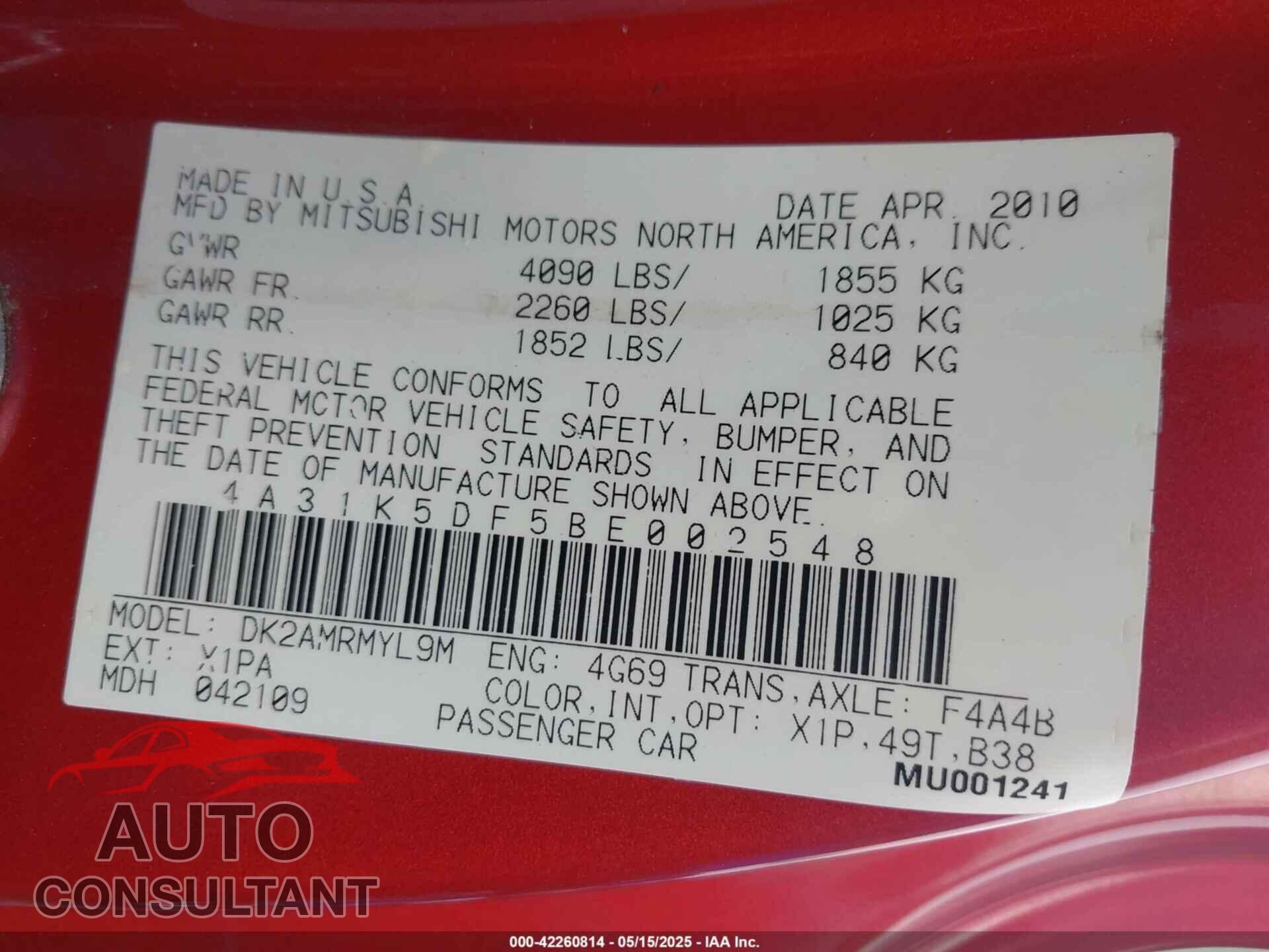 MITSUBISHI ECLIPSE 2011 - 4A31K5DF5BE002548