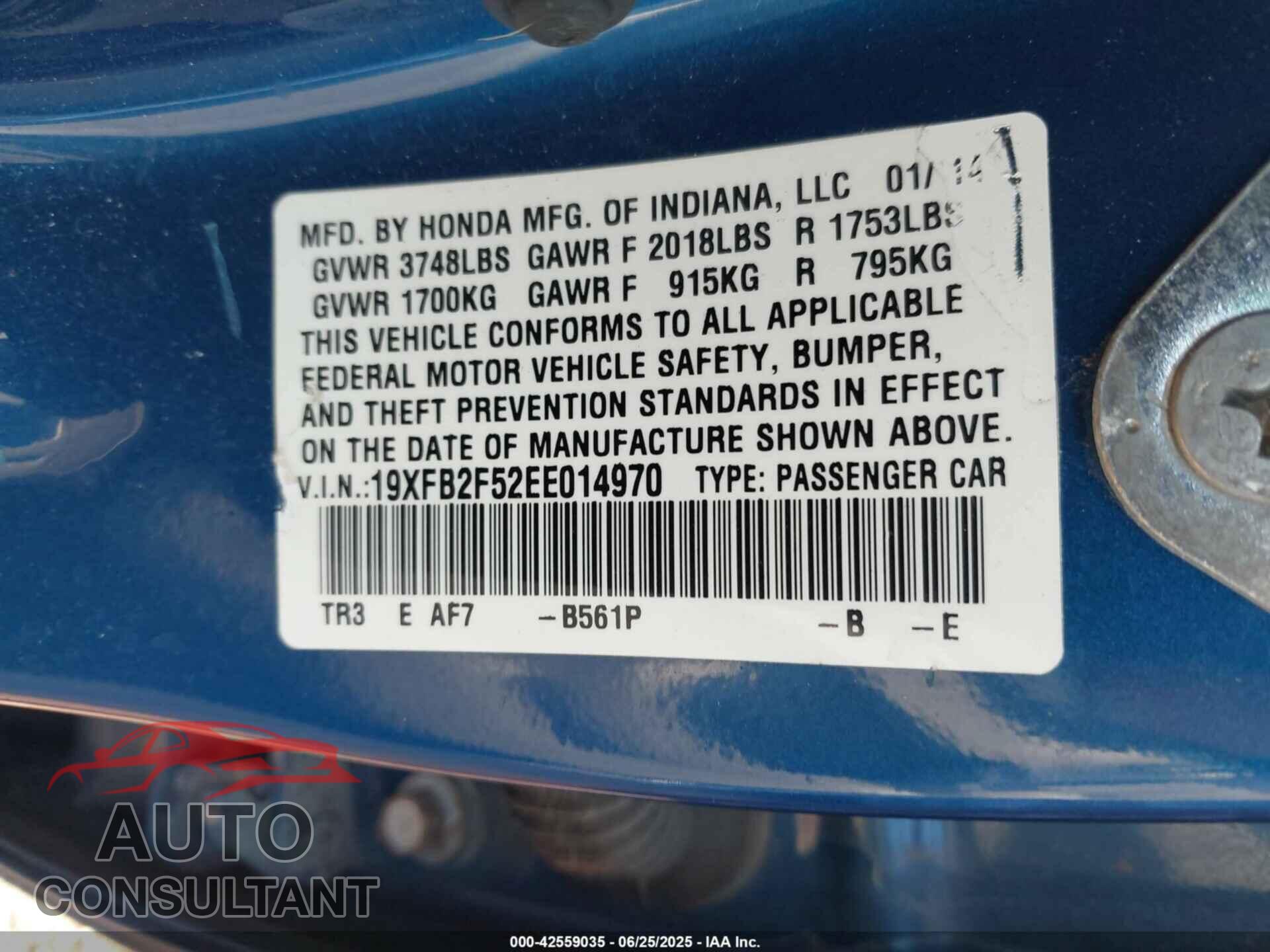 HONDA CIVIC 2014 - 19XFB2F52EE014970