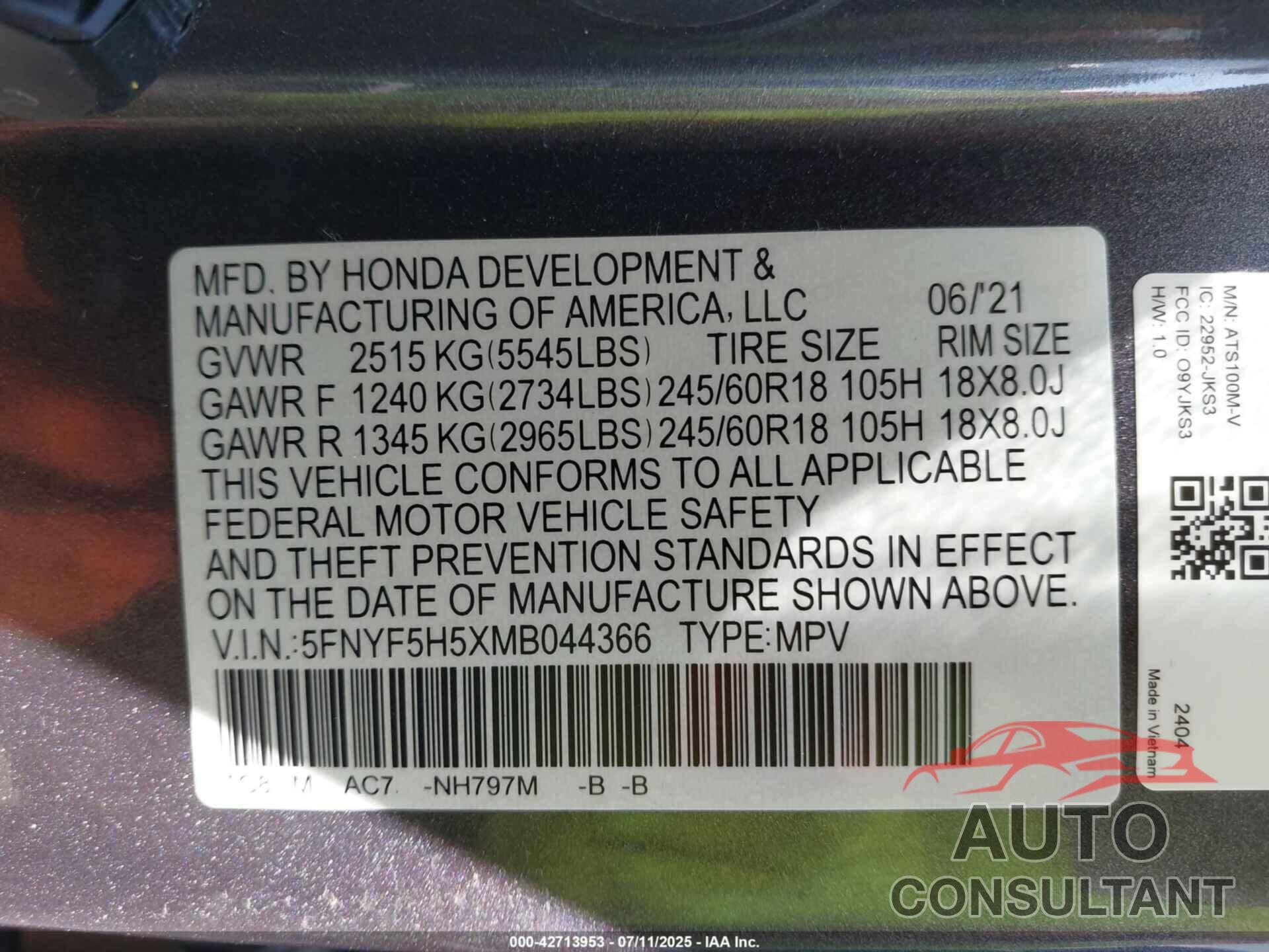 HONDA PILOT 2021 - 5FNYF5H5XMB044366