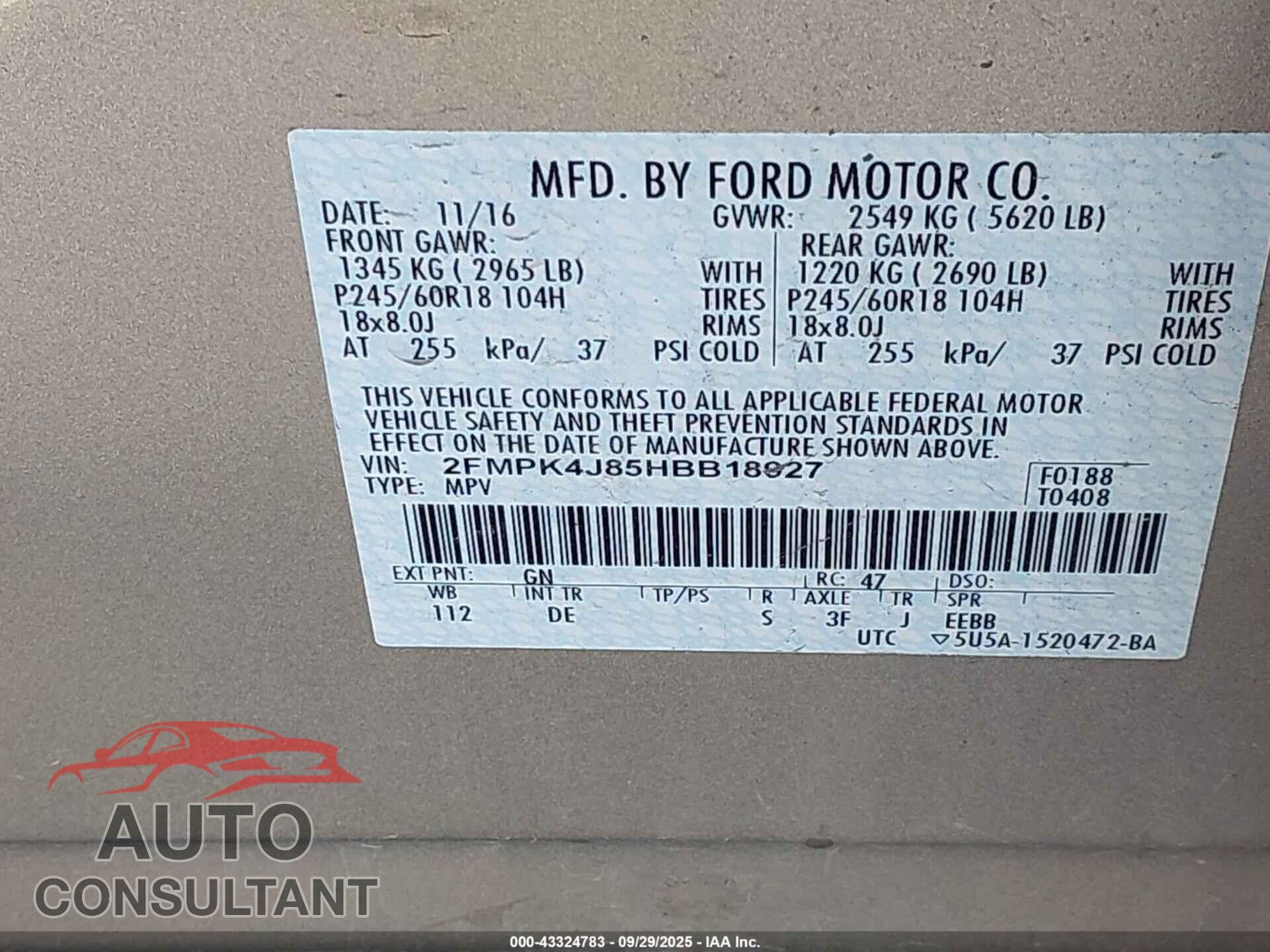 FORD EDGE 2017 - 2FMPK4J85HBB18927