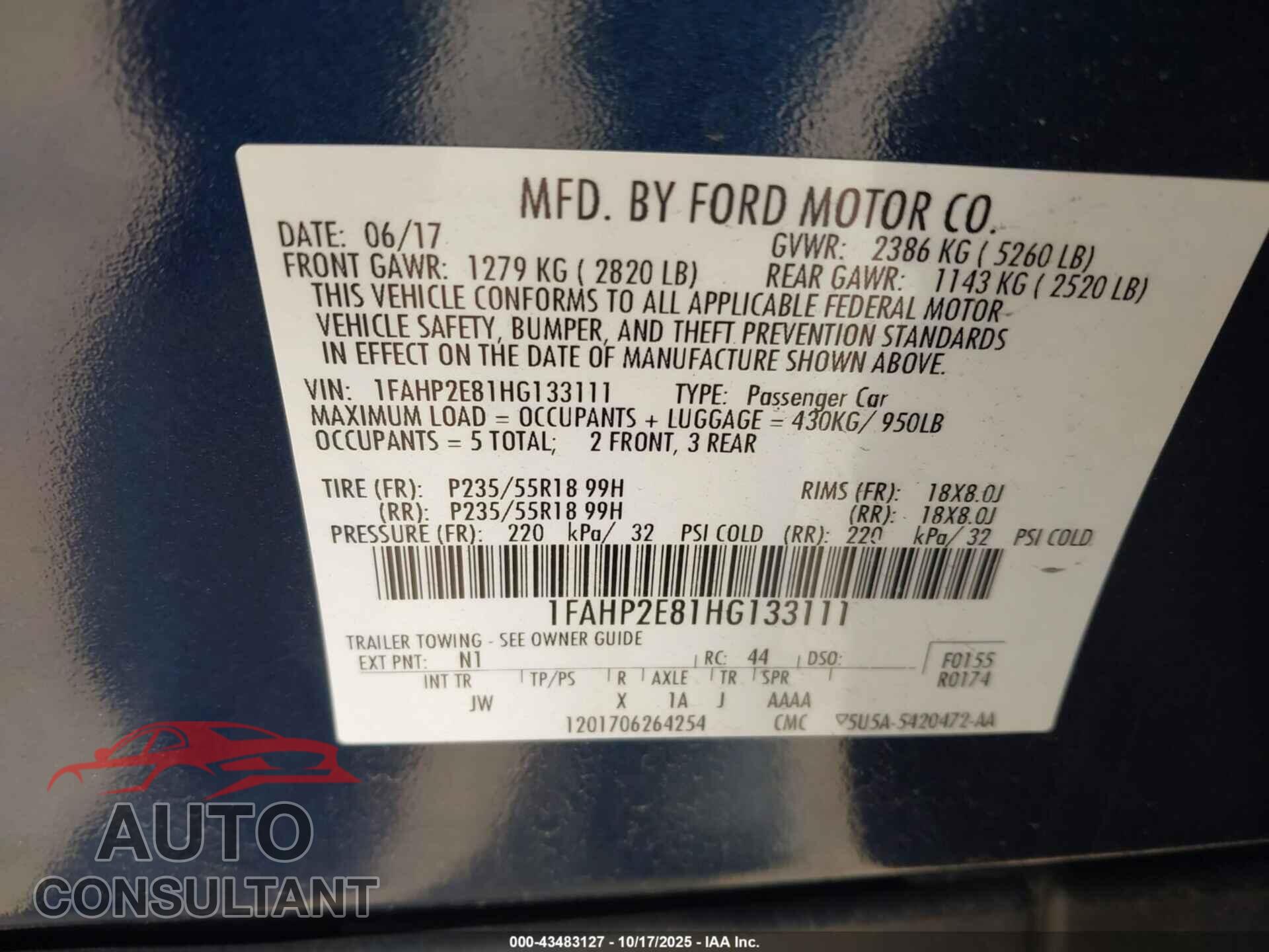 FORD TAURUS 2017 - 1FAHP2E81HG133111