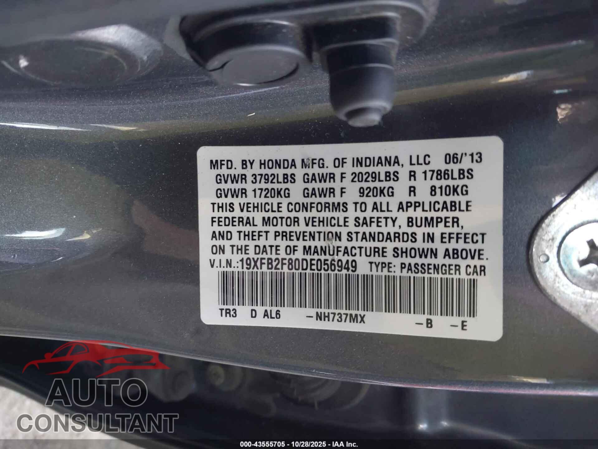 HONDA CIVIC 2013 - 19XFB2F80DE056949