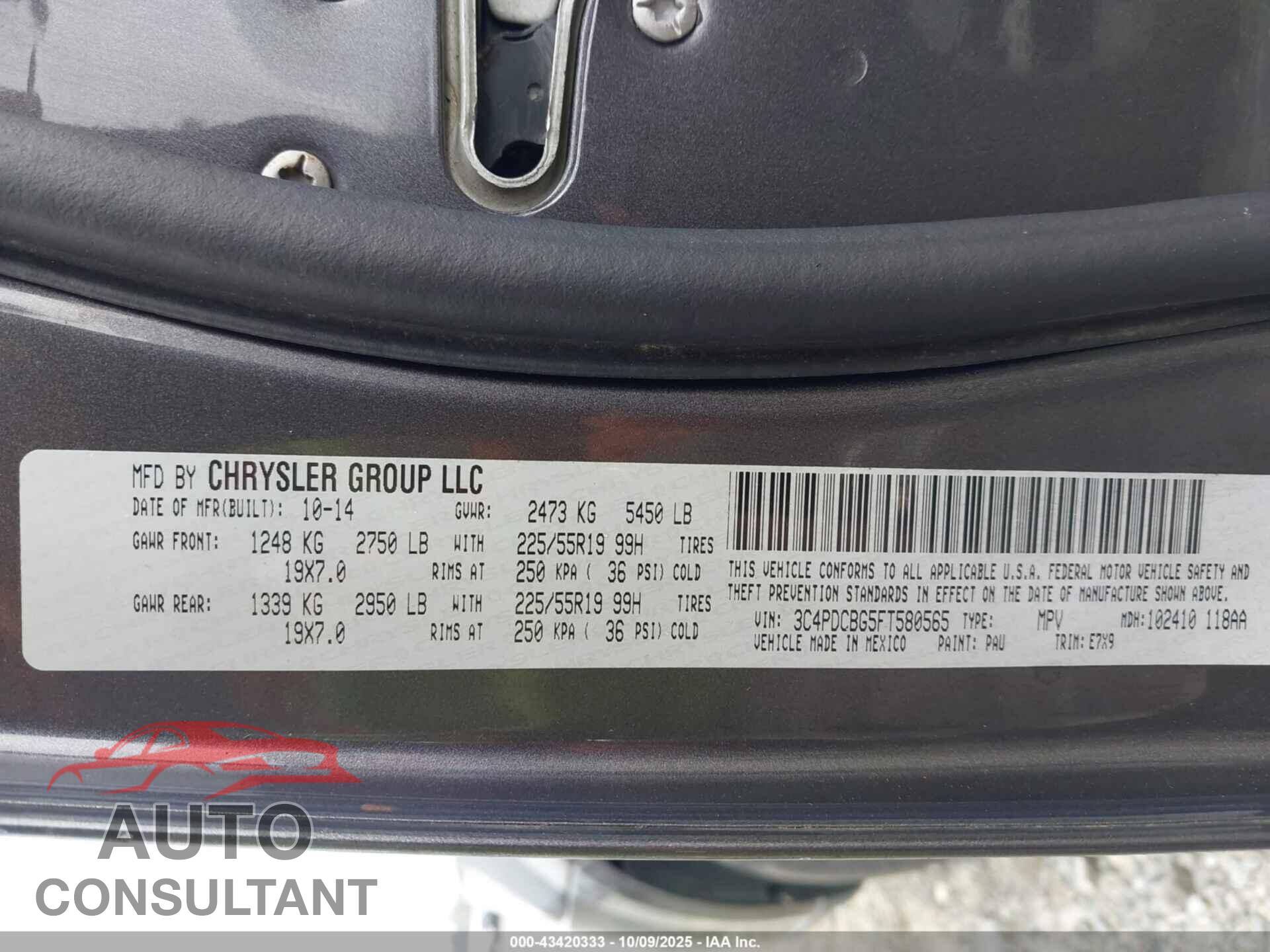 DODGE JOURNEY 2015 - 3C4PDCBG5FT580565
