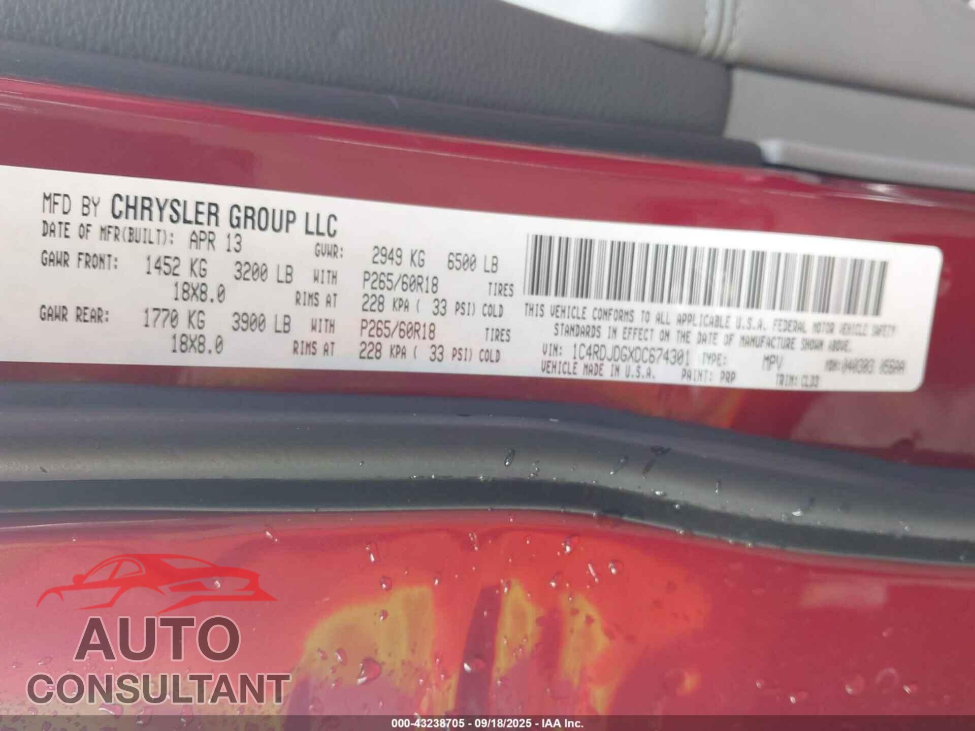 DODGE DURANGO 2013 - 1C4RDJDGXDC674301