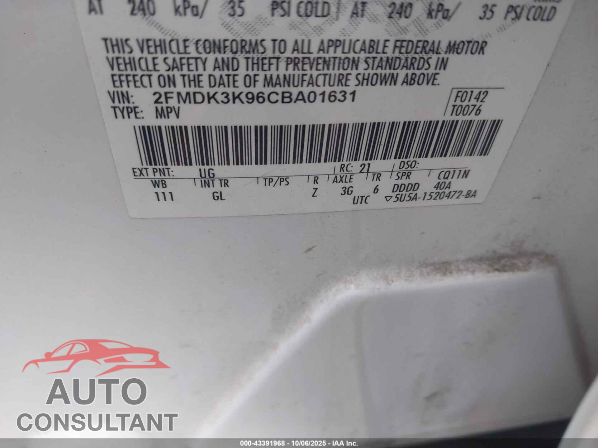 FORD EDGE 2012 - 2FMDK3K96CBA01631