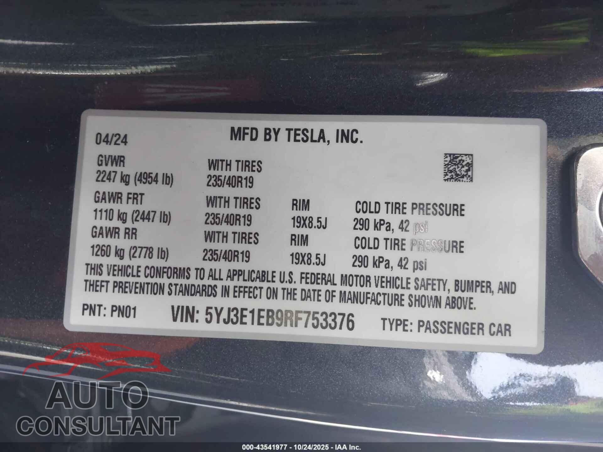 TESLA MODEL 3 2024 - 5YJ3E1EB9RF753376
