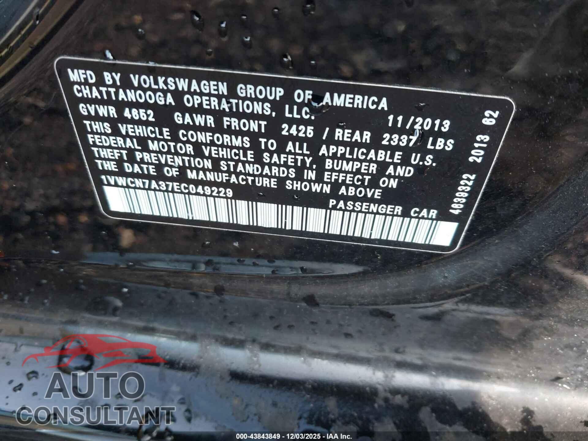 VOLKSWAGEN PASSAT 2014 - 1VWCN7A37EC049229