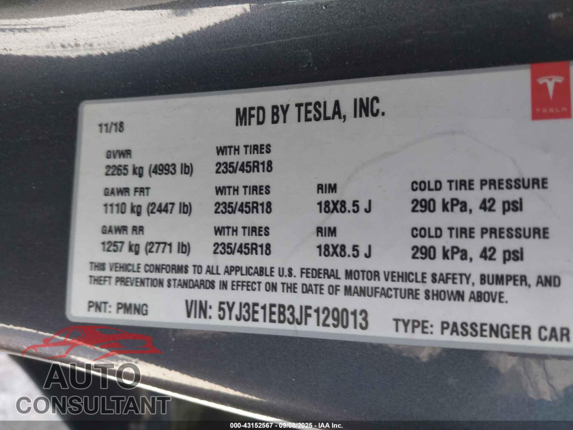 TESLA MODEL 3 2018 - 5YJ3E1EB3JF129013