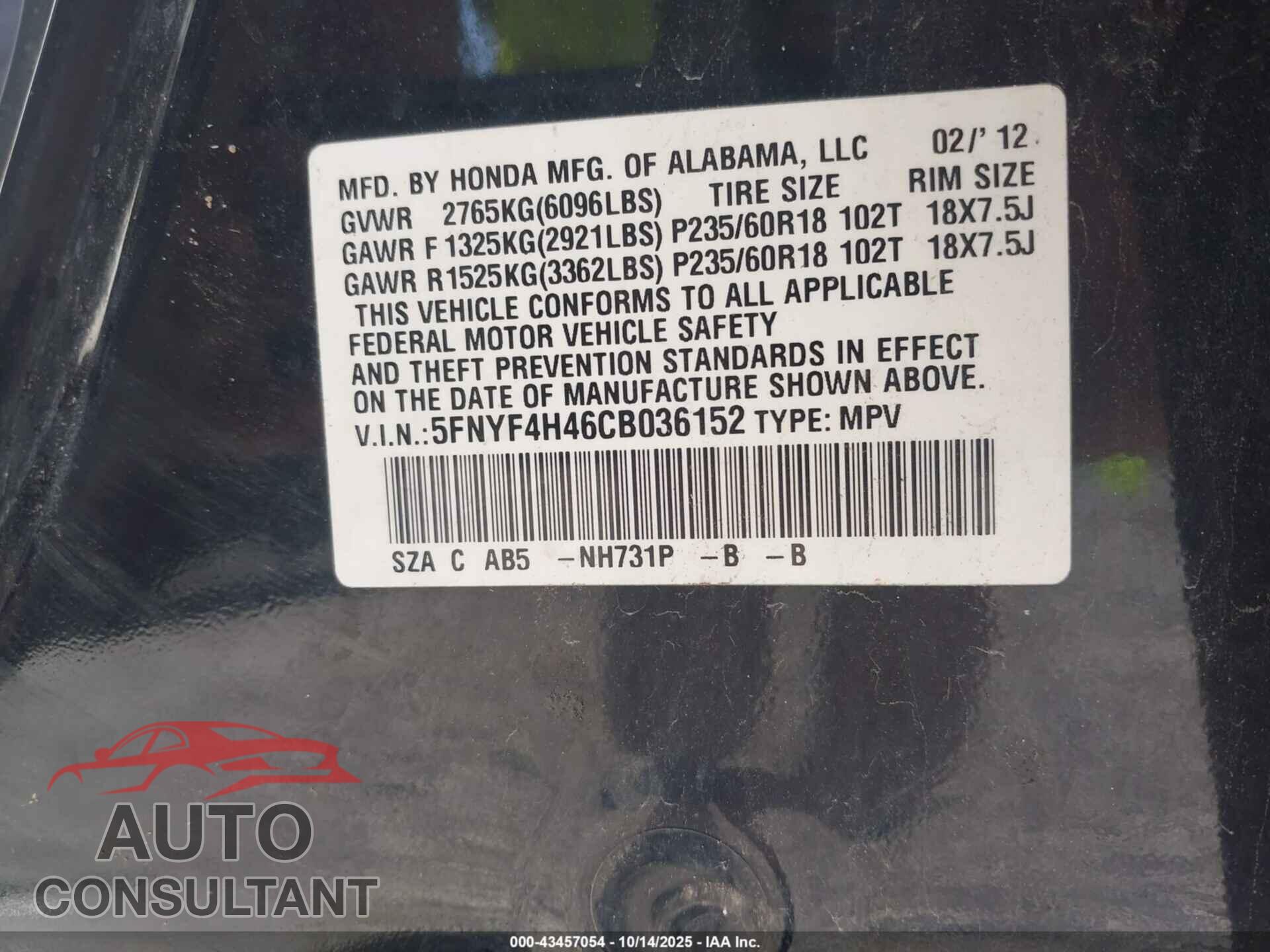 HONDA PILOT 2012 - 5FNYF4H46CB036152