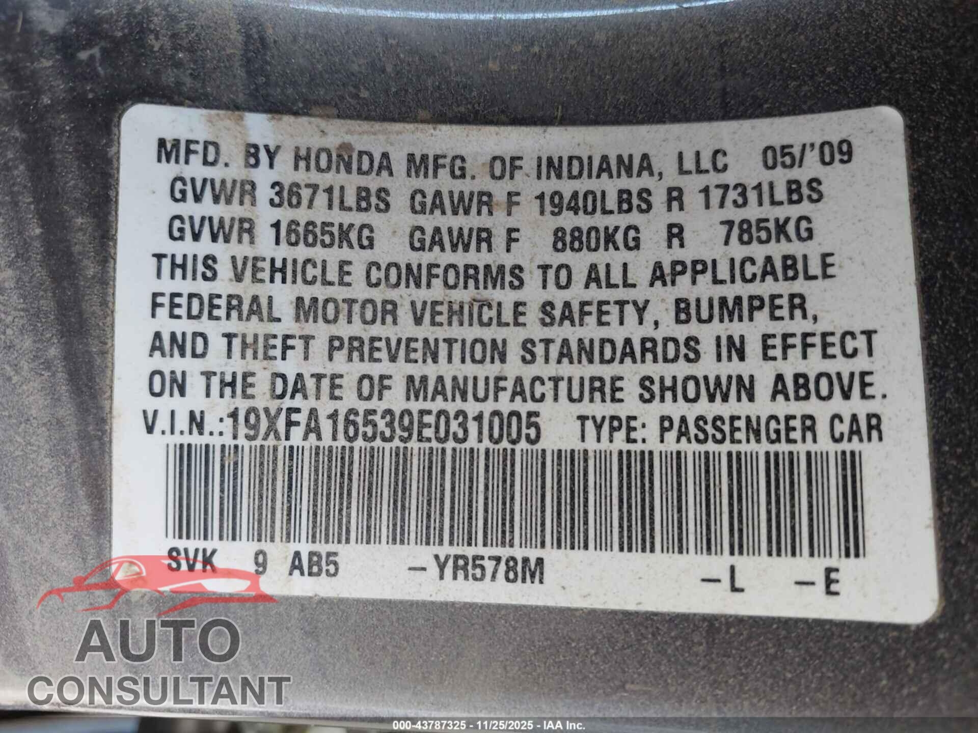 HONDA CIVIC 2009 - 19XFA16539E031005