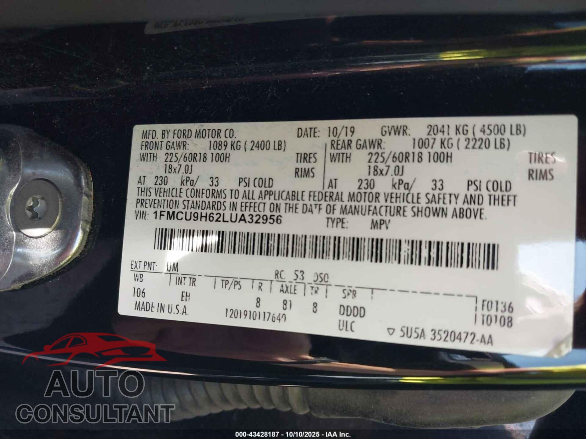 FORD ESCAPE 2020 - 1FMCU9H62LUA32956