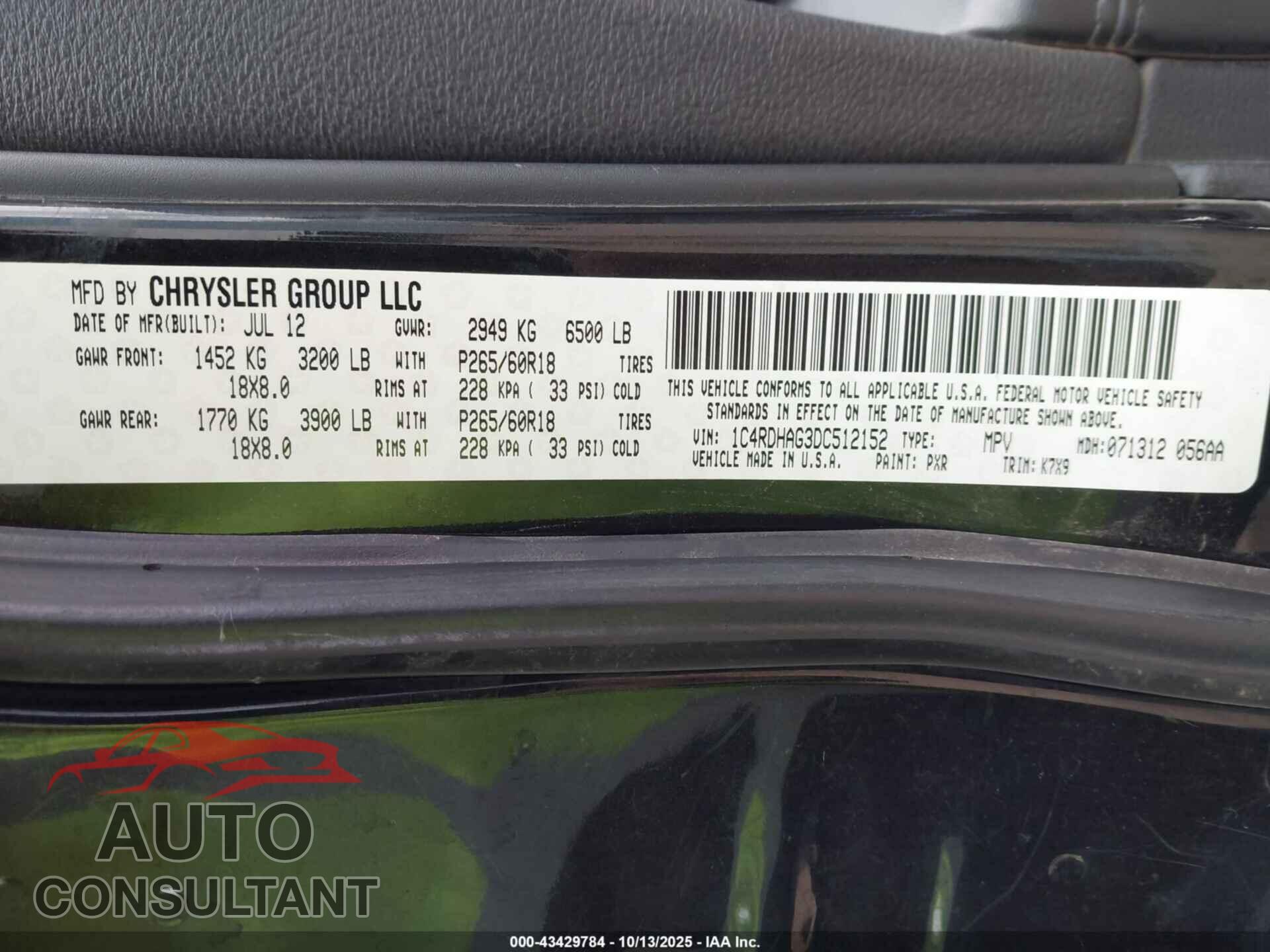 DODGE DURANGO 2013 - 1C4RDHAG3DC512152