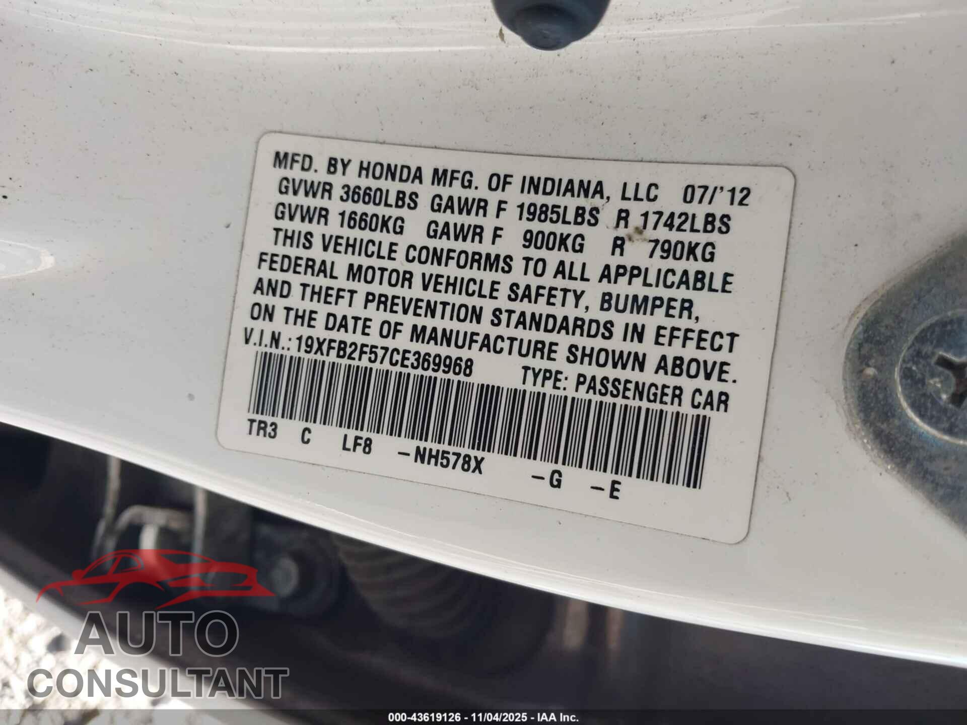 HONDA CIVIC 2012 - 19XFB2F57CE369968