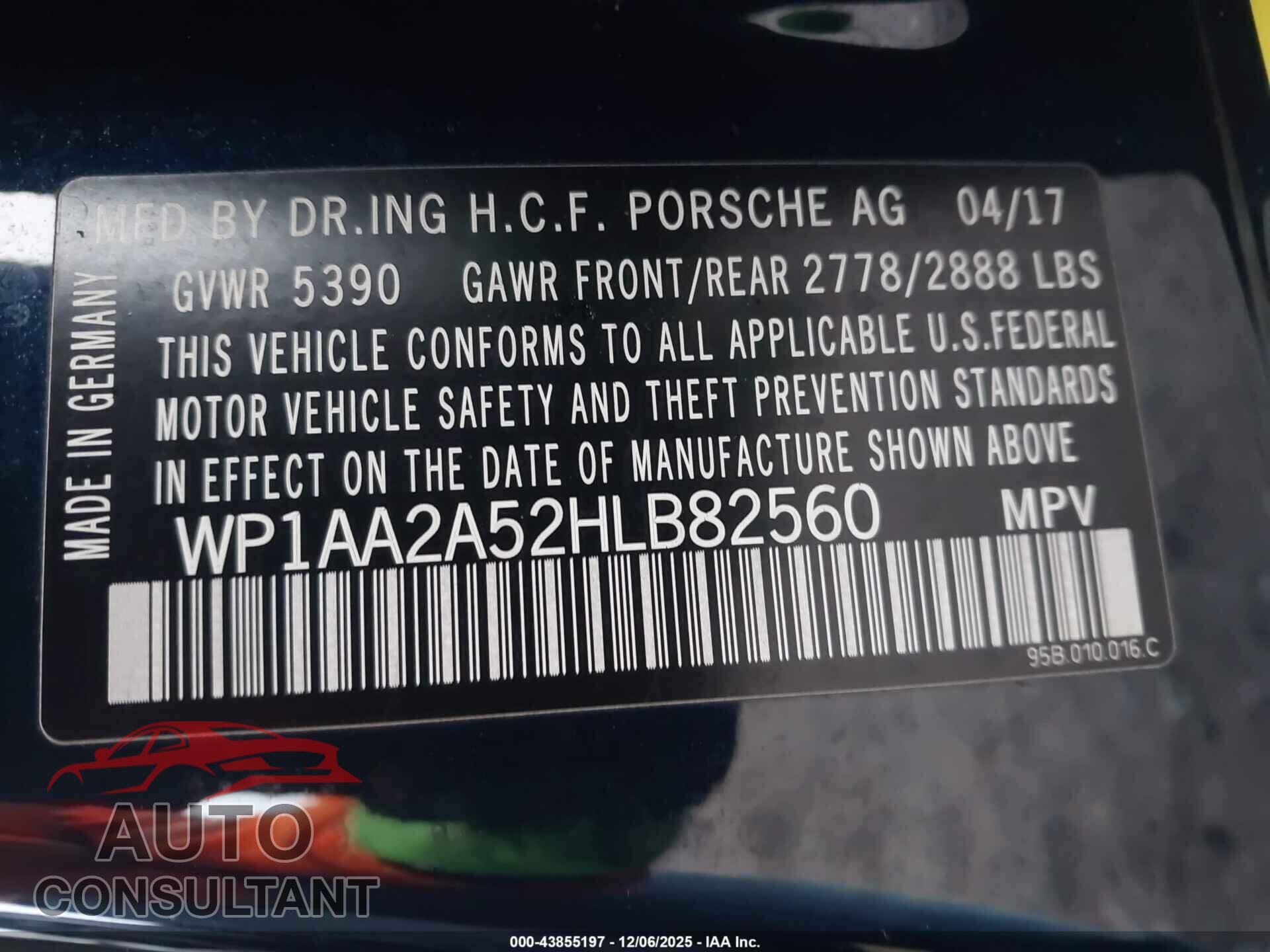 PORSCHE MACAN 2017 - WP1AA2A52HLB82560