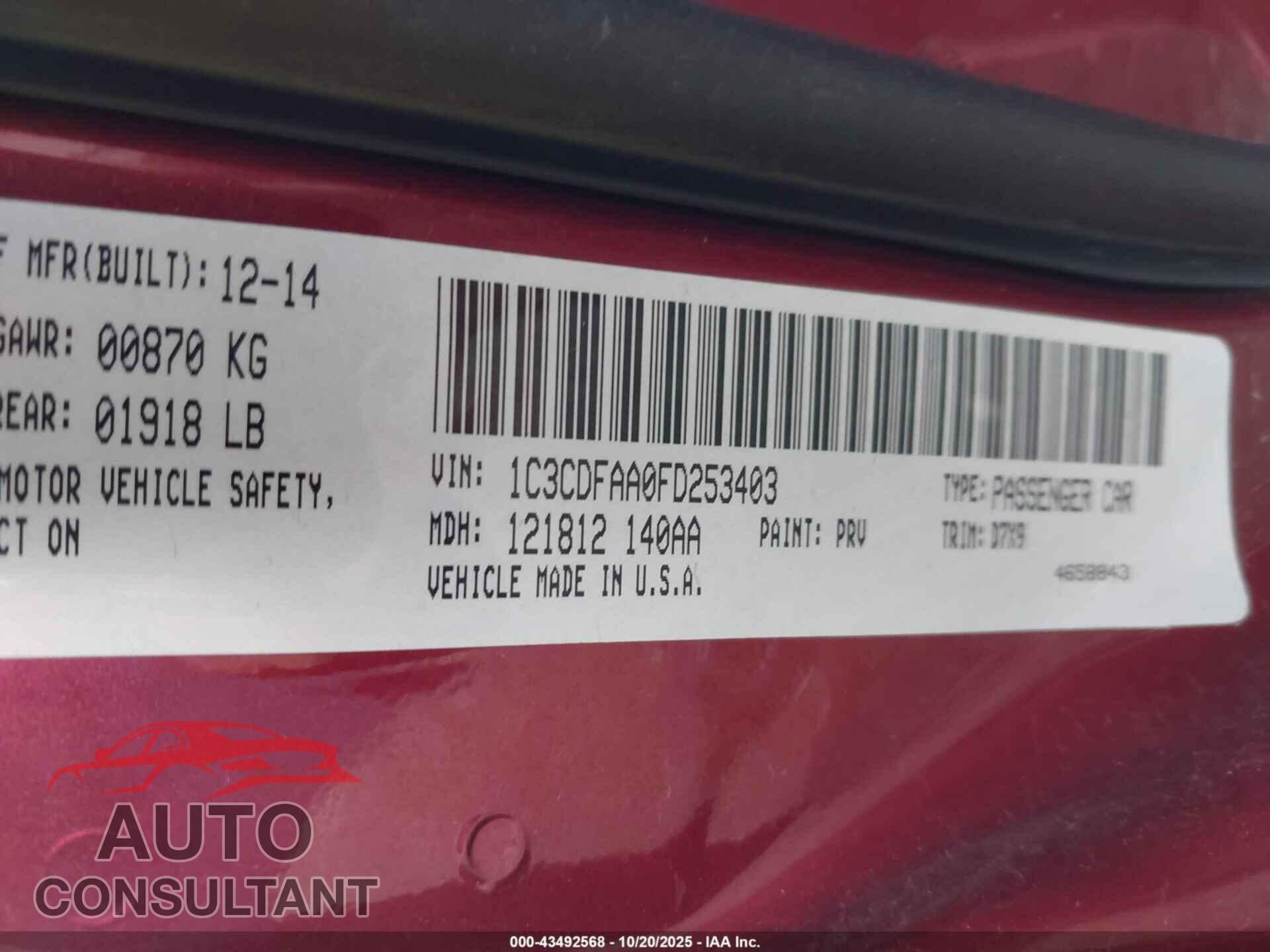 DODGE DART 2015 - 1C3CDFAA0FD253403