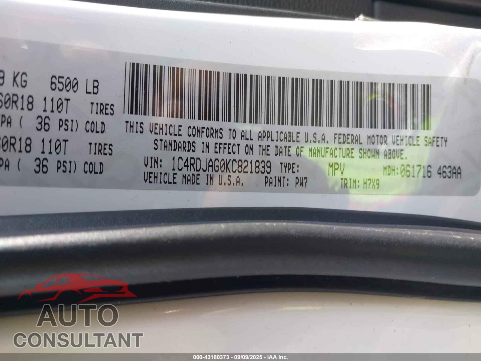 DODGE DURANGO 2019 - 1C4RDJAG0KC821839