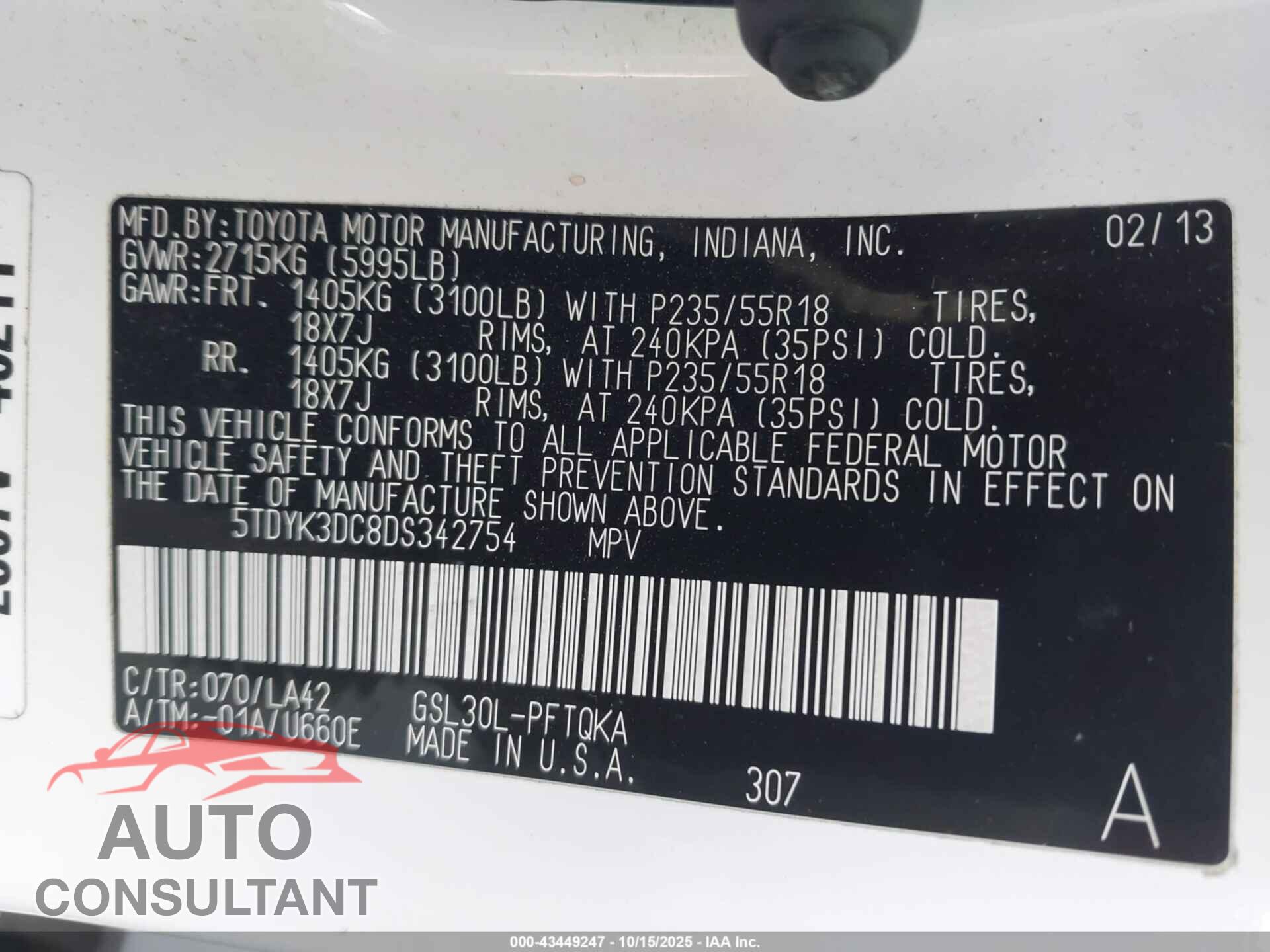 TOYOTA SIENNA 2013 - 5TDYK3DC8DS342754