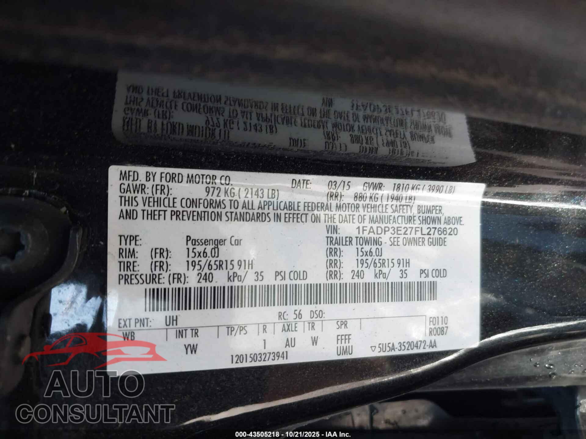 FORD FOCUS 2015 - 1FADP3E27FL276620