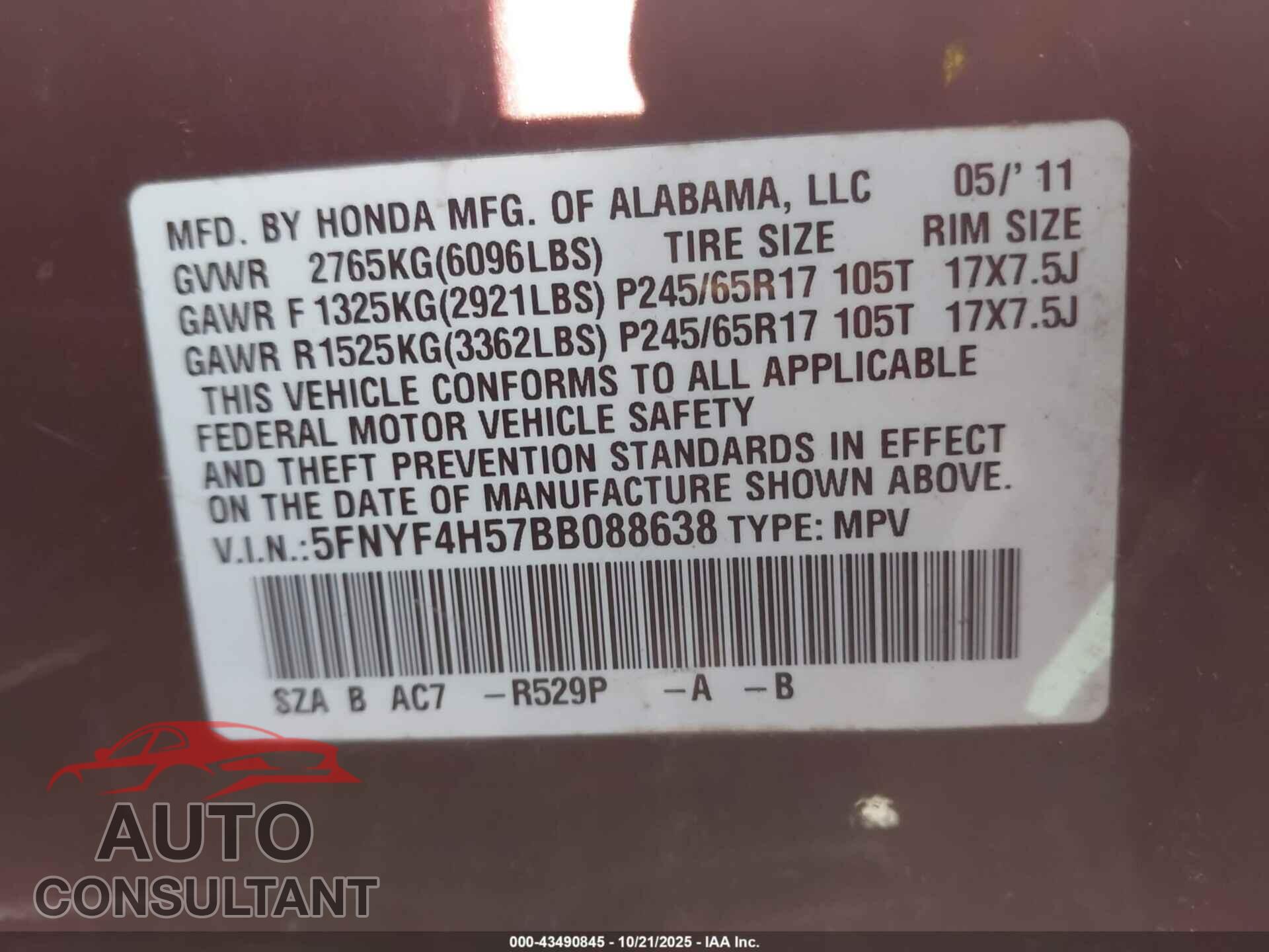 HONDA PILOT 2011 - 5FNYF4H57BB088638