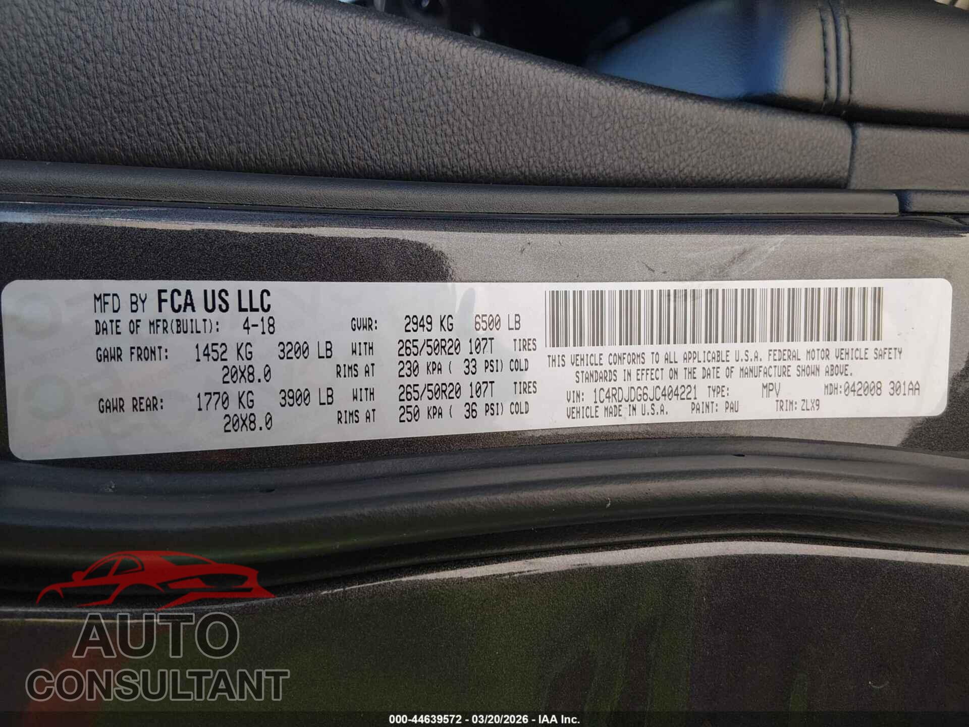DODGE DURANGO 2018 - 1C4RDJDG6JC404221