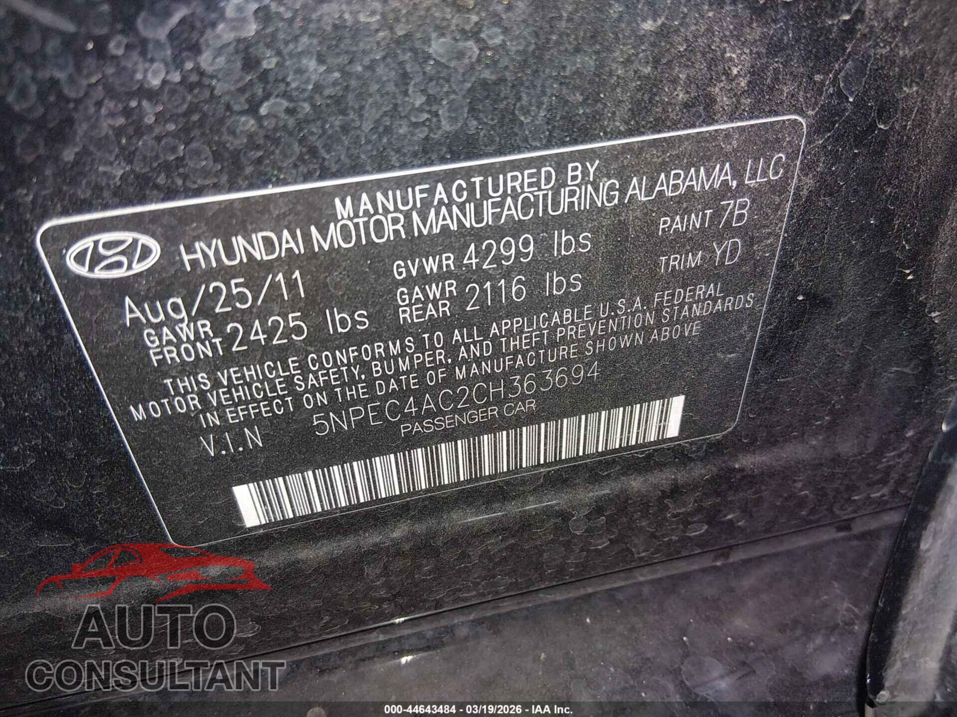HYUNDAI SONATA 2012 - 5NPEC4AC2CH363694