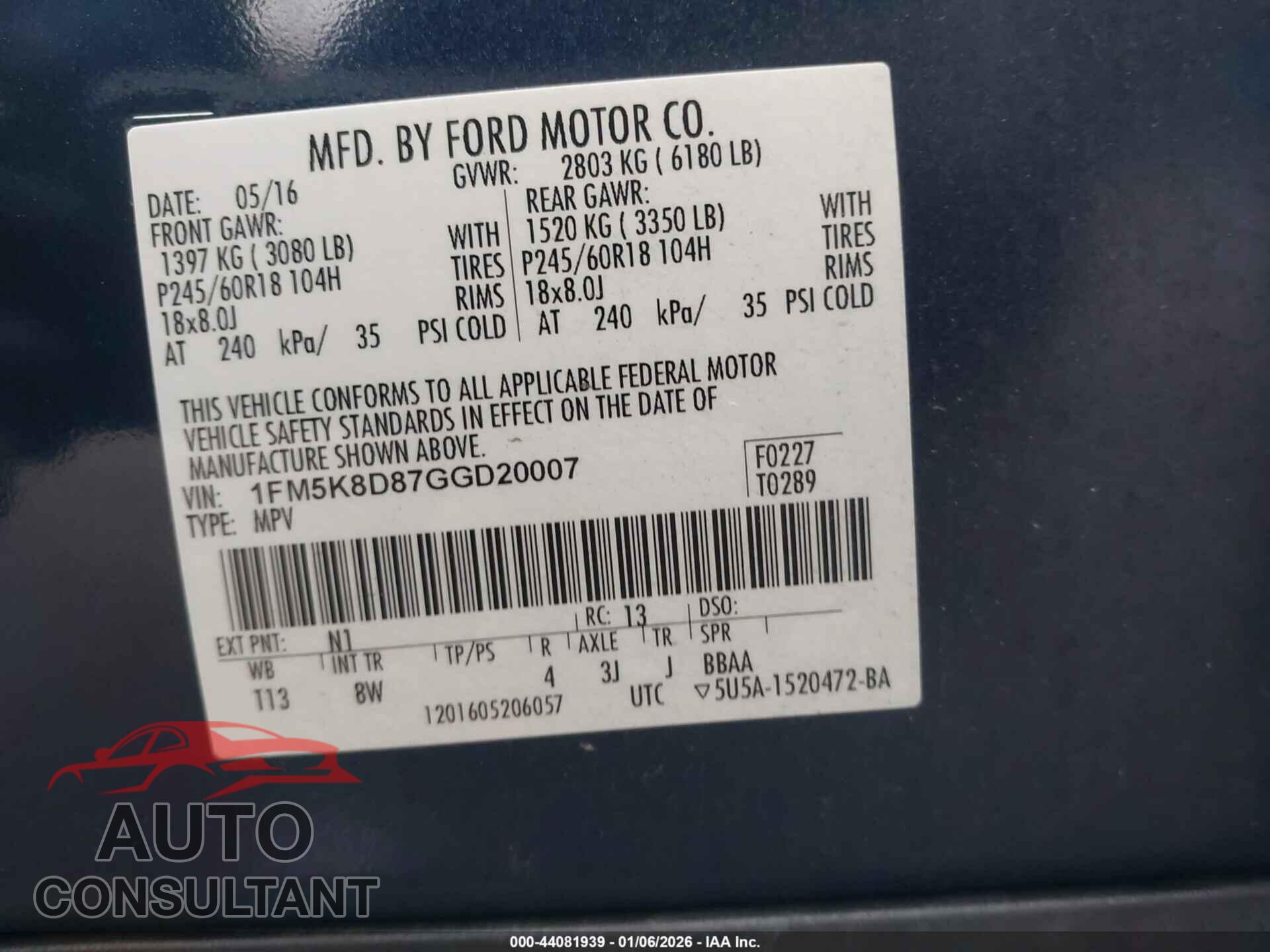 FORD EXPLORER 2016 - 1FM5K8D87GGD20007