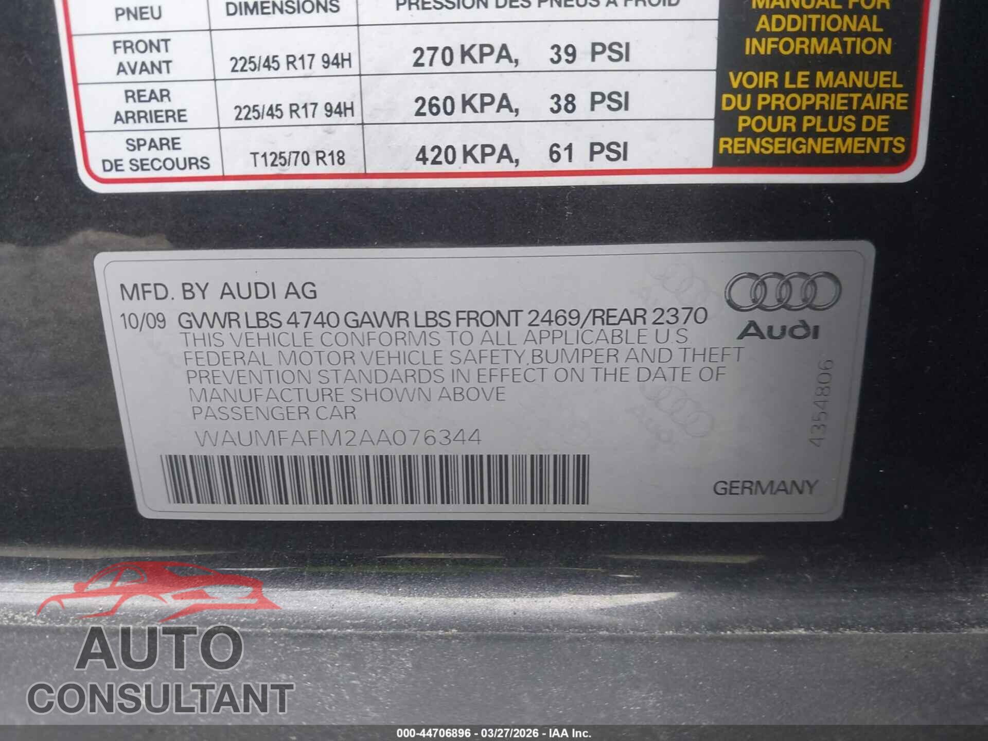 AUDI A3 2010 - WAUMFAFM2AA076344