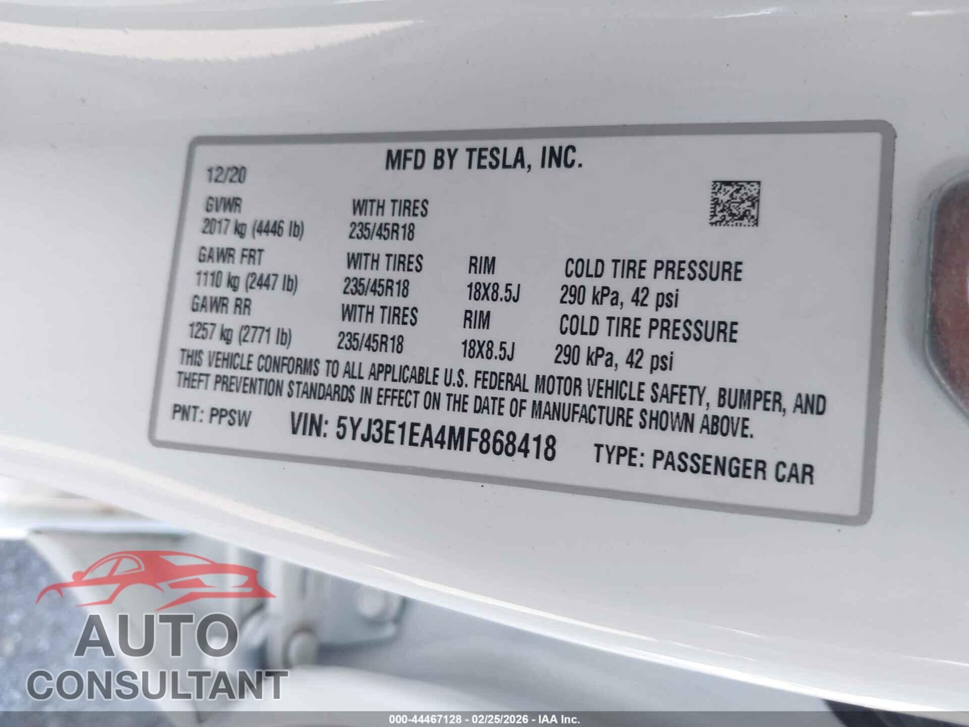 TESLA MODEL 3 2021 - 5YJ3E1EA4MF868418