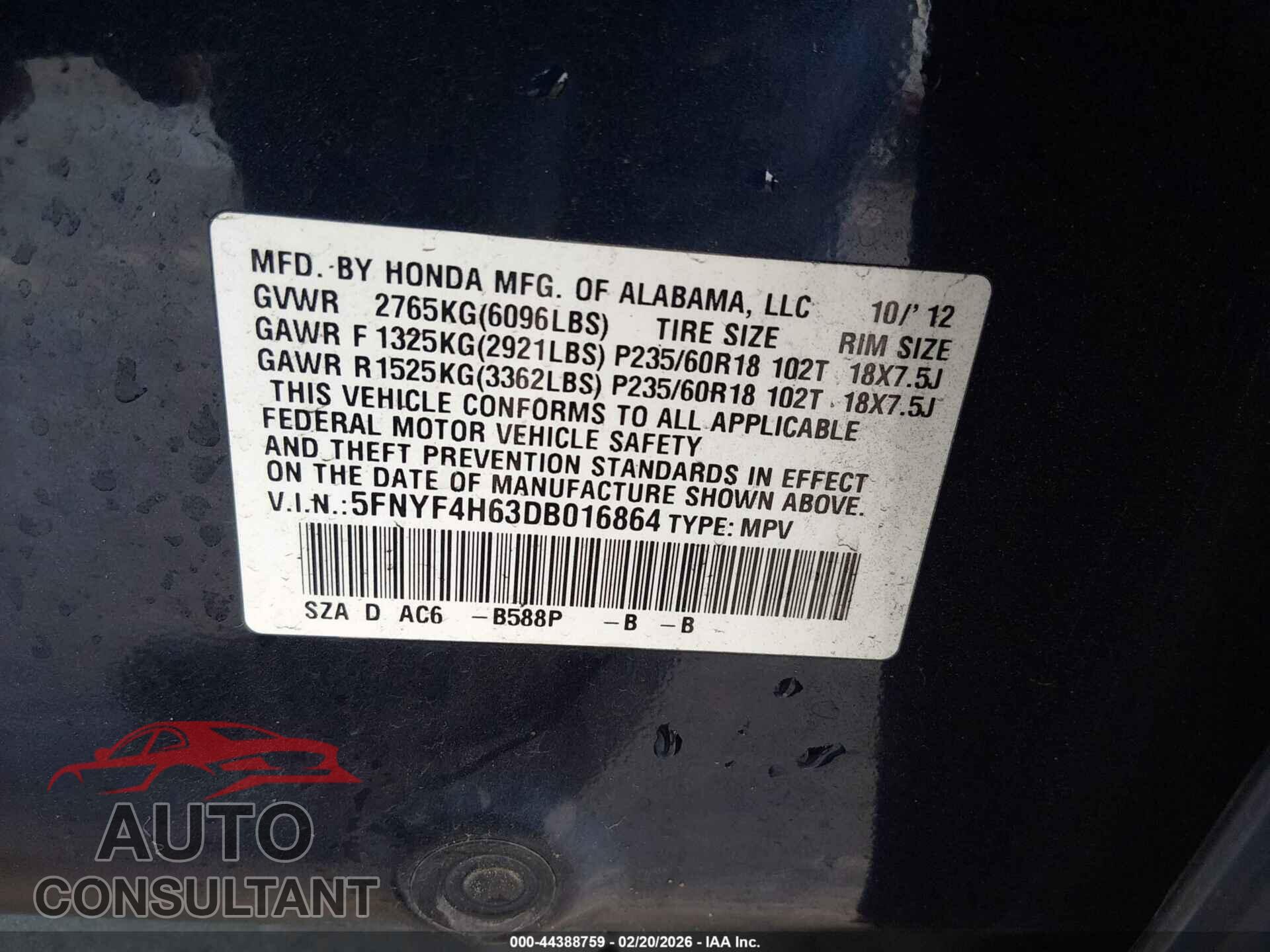 HONDA PILOT 2013 - 5FNYF4H63DB016864