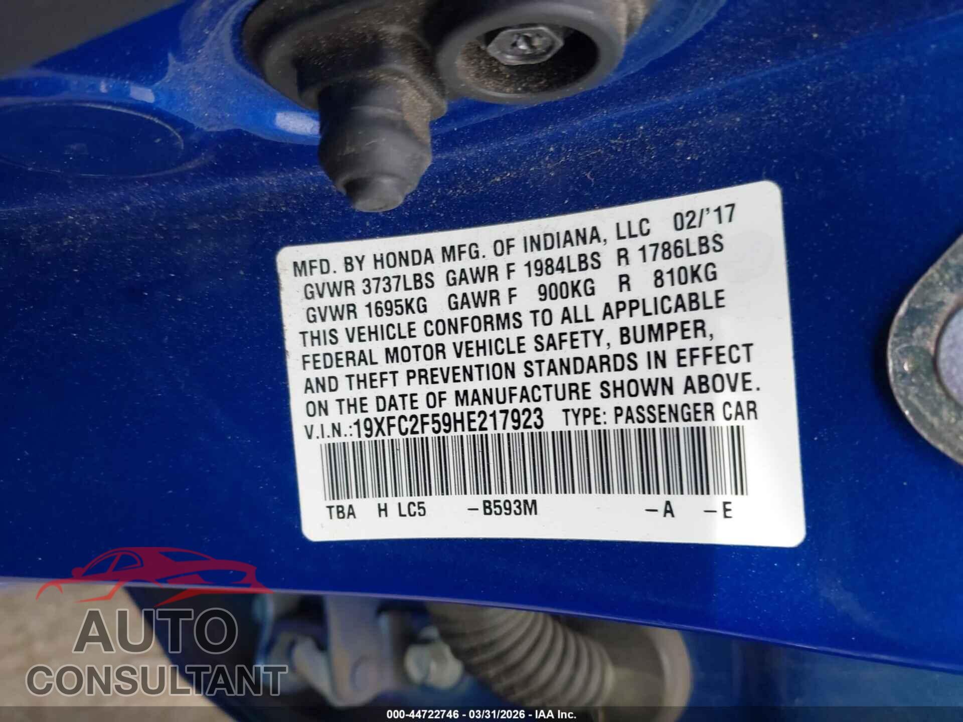 HONDA CIVIC 2017 - 19XFC2F59HE217923